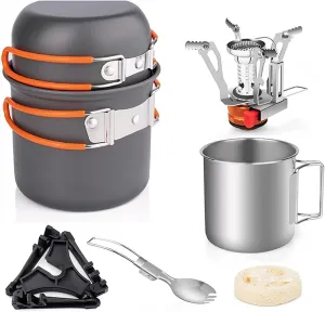 Camping Cookware Mess Kit, Lightweight Pot Pan Set with Stainless Steel Cup & Fork Spoon for Camping, Backpacking, Outdoor Cooking and Picnic