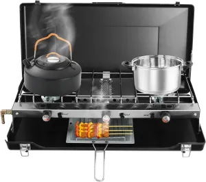 Camping Stove 3 Burner Portable Propane Stove with Griddle, Adjustable Burners, Windshield, Folding Camp Gas Stove for Outdoor Cooking, Beach Cookouts, BBQ Picnic