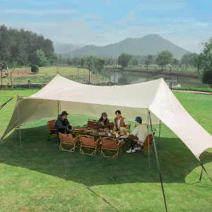 Camping Tarp 9x5m with 4 Poles Hammock Rain Fly Ultralight Waterproof Backpacking Tarp Tent Shelter Anti-UV Awning Canopy Durable Ripstop for Outdoor Adventure Hiking,Beige