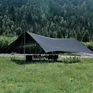 Camping Tarp with 4 Poles Backpacking Tarp Ultralight Hammock Rain Fly Tent Tarp 470cm X 490cm Waterproof Windproof Snowproof for Outdoor Adventure Hiking Tent Hammock,Black