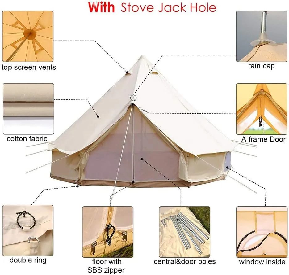 Camping Tent for 4-12 Persons 3-6m Waterproof Cotton Canvas Bell Outdoor 4 Seasons Family Party Picnic Yurt with Stove Hole