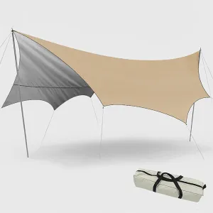Camping Tent Ultralight Survival Shelter with Carry Bag, 5.1x5.1m Lightweight Tarp, Reusable, Rainproof Windproof Tent for Camping, Hiking and Backpacking, Beige/Silver
