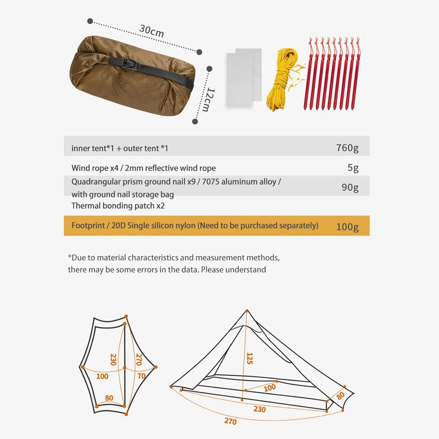 Camping Tents,2022 New Version 230cm Ultralight Camping 3/4 Season 15d Silnylon Rodless Tent (Color : Gray, Size : 1P 4 Season)