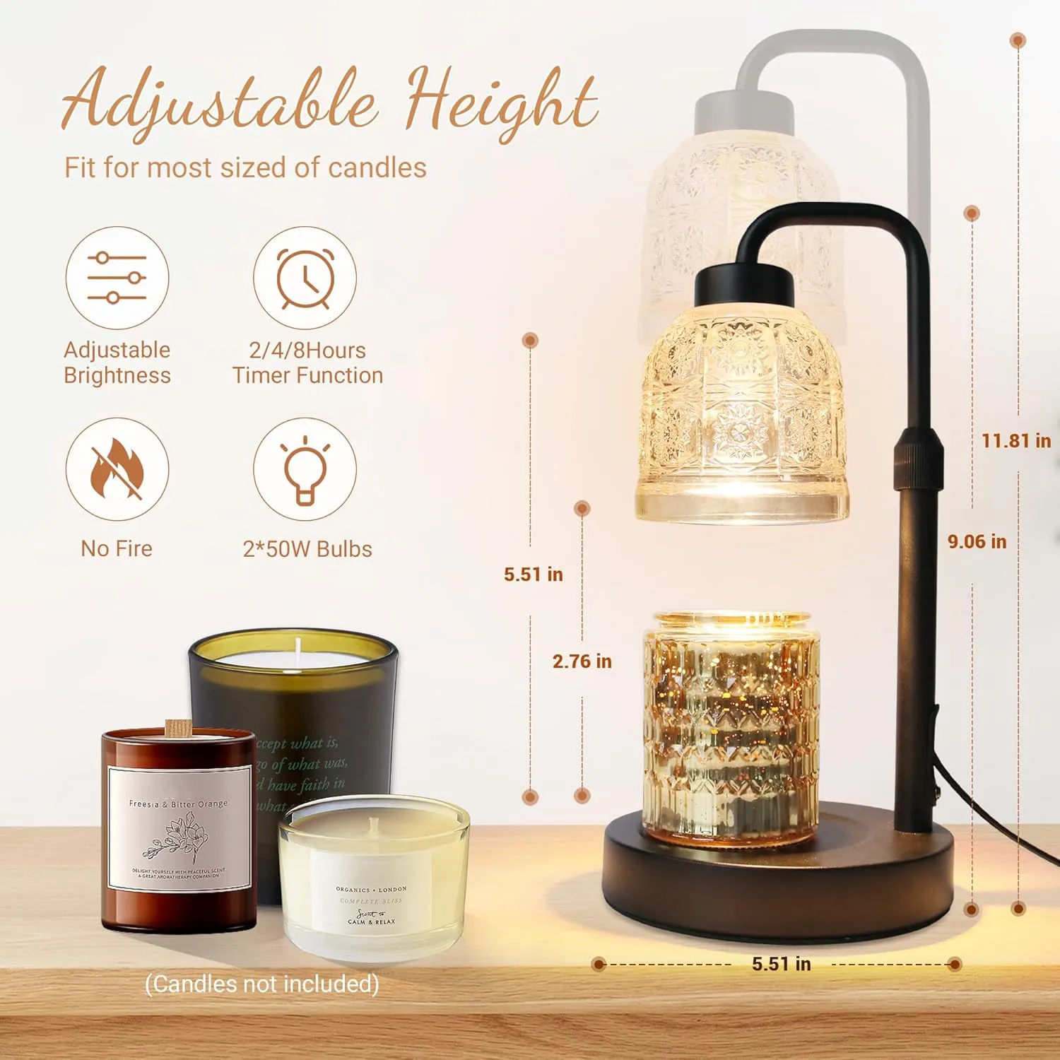 Candle Warmer Lamp with Timer, Dimmable Adjustable Height Candle Lamp, Birthday Gifts for Women Mom Sister Friends, House Warming Gifts New Home Decor, Candle Lamp Warmer with 2 Bulbs - Black