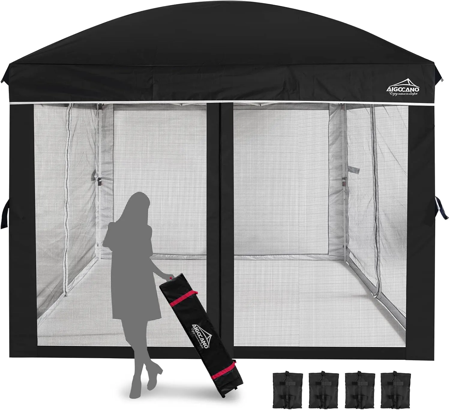 Canopy Tent with Netting Screen,10x10 Easy Pop Up Gazebo for Outdoor Parties,Camping,Foldable Patio Gazebo with Roller Bag and 4 Sandbags (Black)