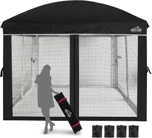 Canopy Tent with Netting Screen,10x10 Easy Pop Up Gazebo for Outdoor Parties,Camping,Foldable Patio Gazebo with Roller Bag and 4 Sandbags (Black)