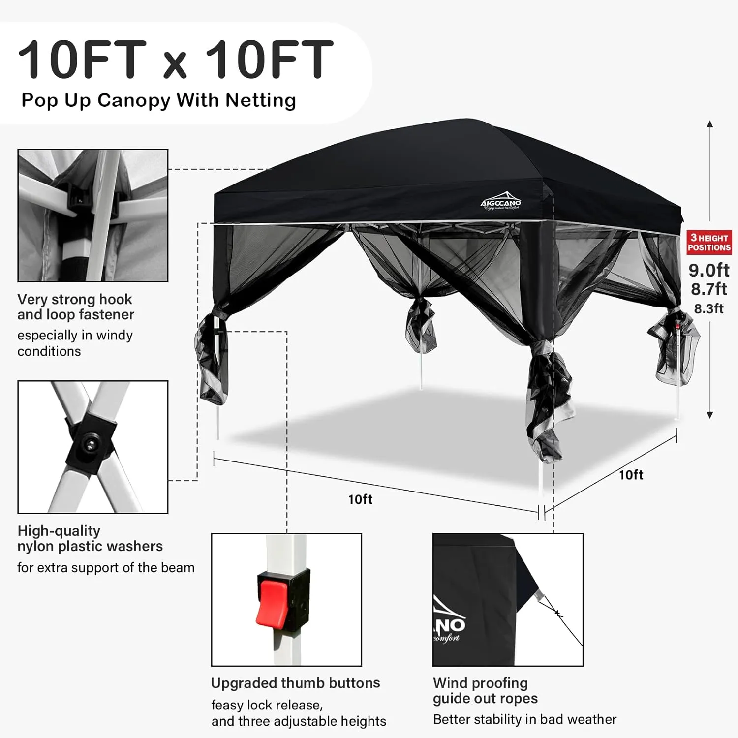 Canopy Tent with Netting Screen,10x10 Easy Pop Up Gazebo for Outdoor Parties,Camping,Foldable Patio Gazebo with Roller Bag and 4 Sandbags (Black)