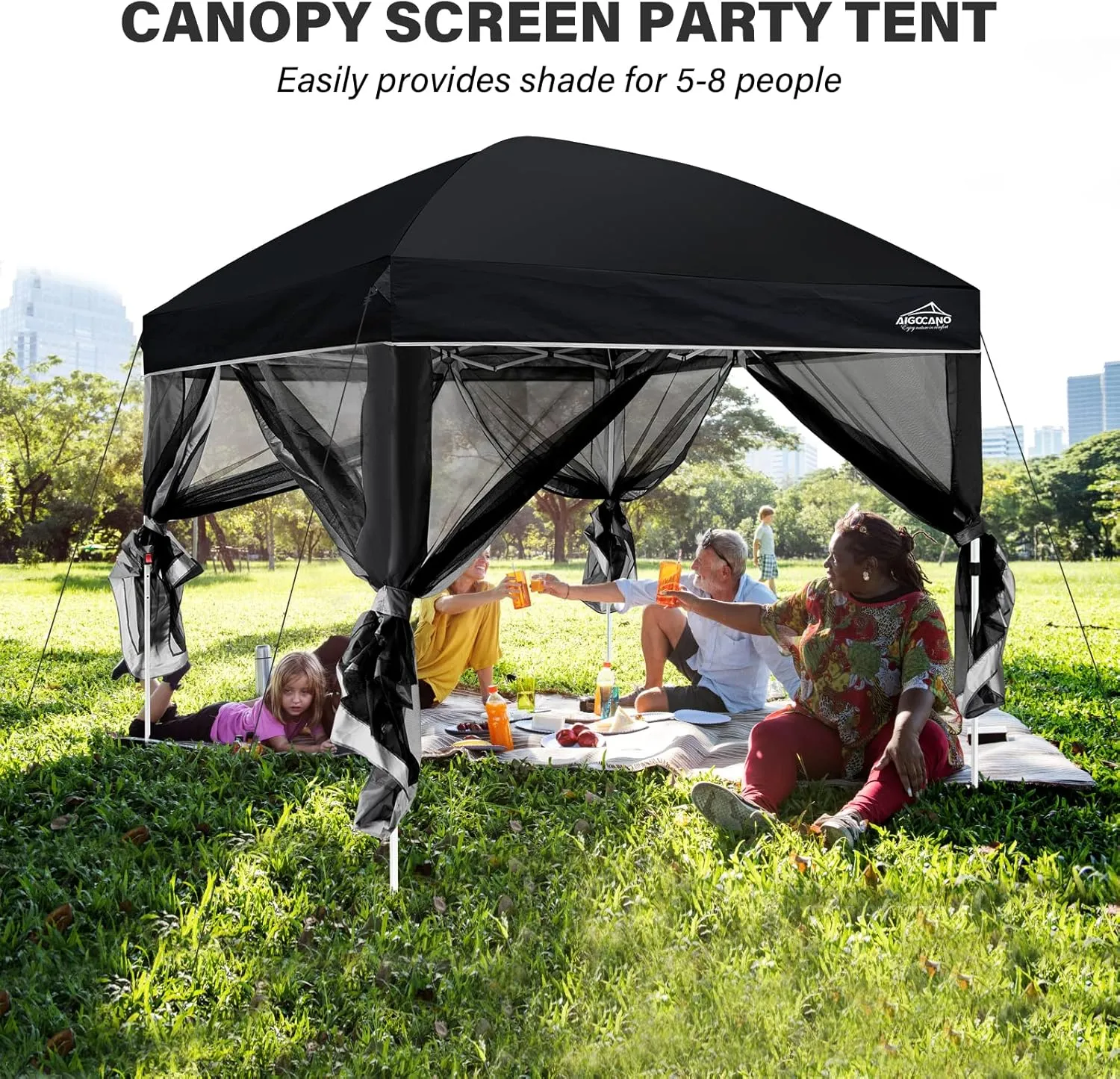 Canopy Tent with Netting Screen,10x10 Easy Pop Up Gazebo for Outdoor Parties,Camping,Foldable Patio Gazebo with Roller Bag and 4 Sandbags (Black)