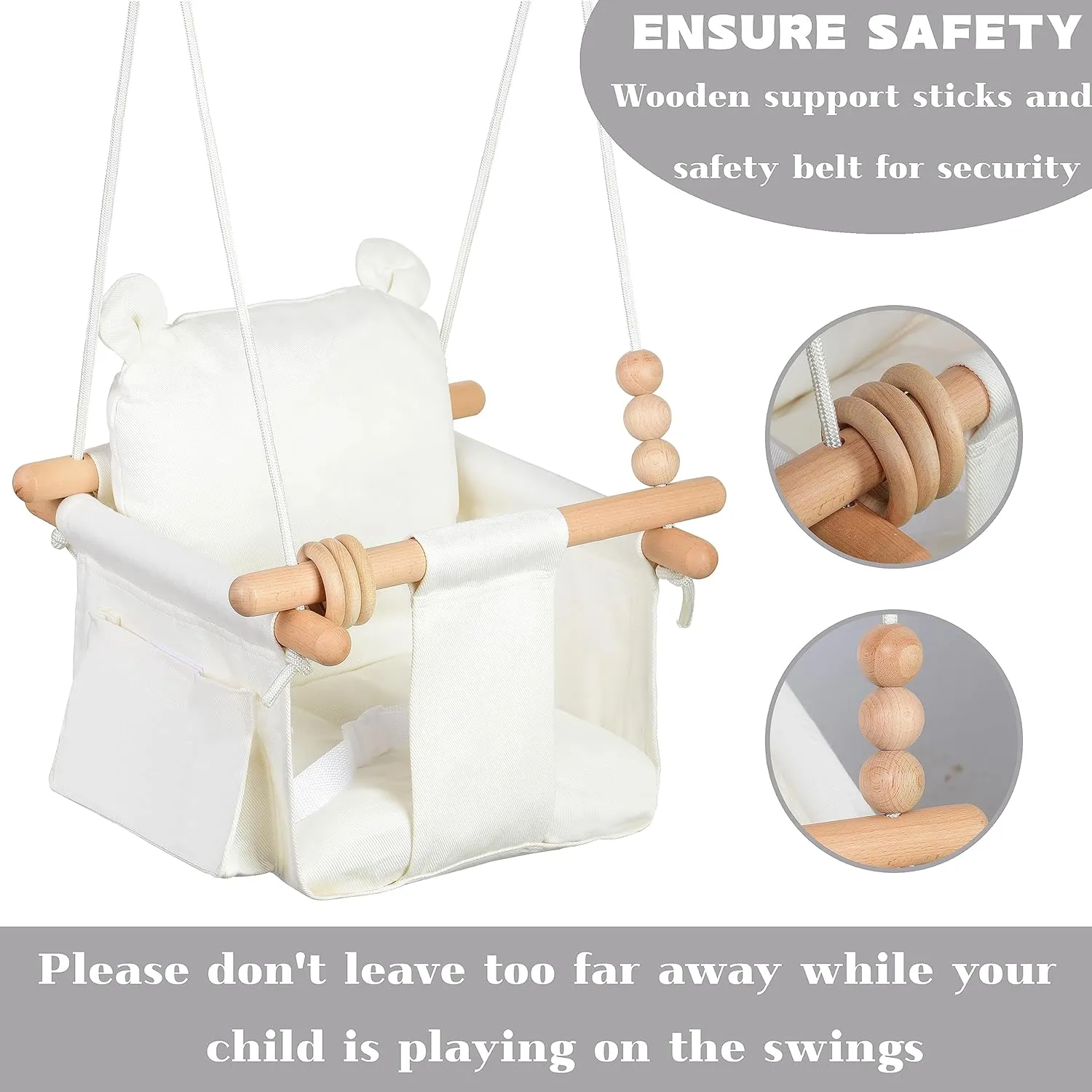 Canvas Baby Swing Seat Wooden Baby Hanging Swing Door Swing Baby Toddler Cream Indoor Baby swingSwing with Safety Belt and 2 Side Pockets for Indoor Playground Sport & Outdoor Play Toys
