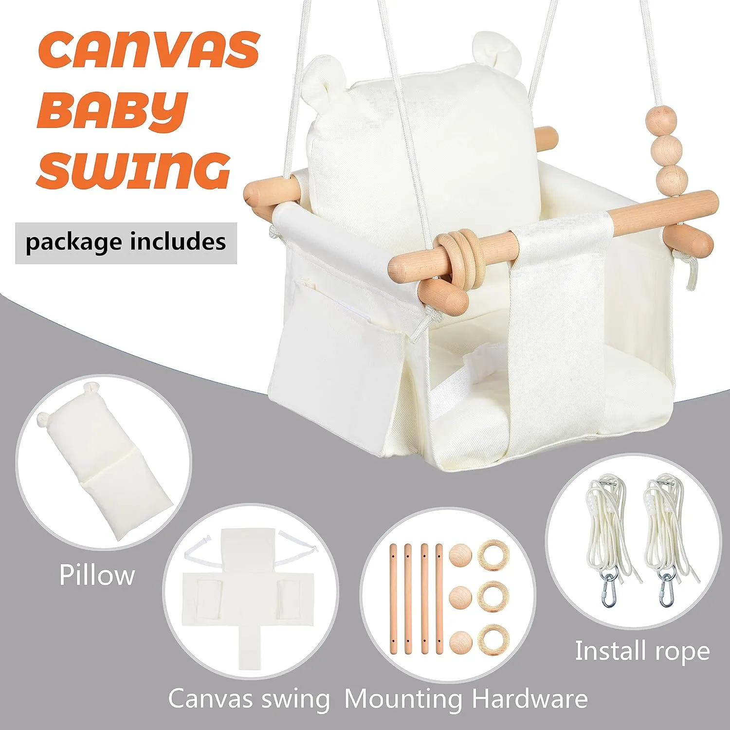 Canvas Baby Swing Seat Wooden Baby Hanging Swing Door Swing Baby Toddler Cream Indoor Baby swingSwing with Safety Belt and 2 Side Pockets for Indoor Playground Sport & Outdoor Play Toys
