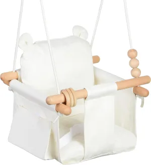 Canvas Baby Swing Seat Wooden Baby Hanging Swing Door Swing Baby Toddler Cream Indoor Baby swingSwing with Safety Belt and 2 Side Pockets for Indoor Playground Sport & Outdoor Play Toys
