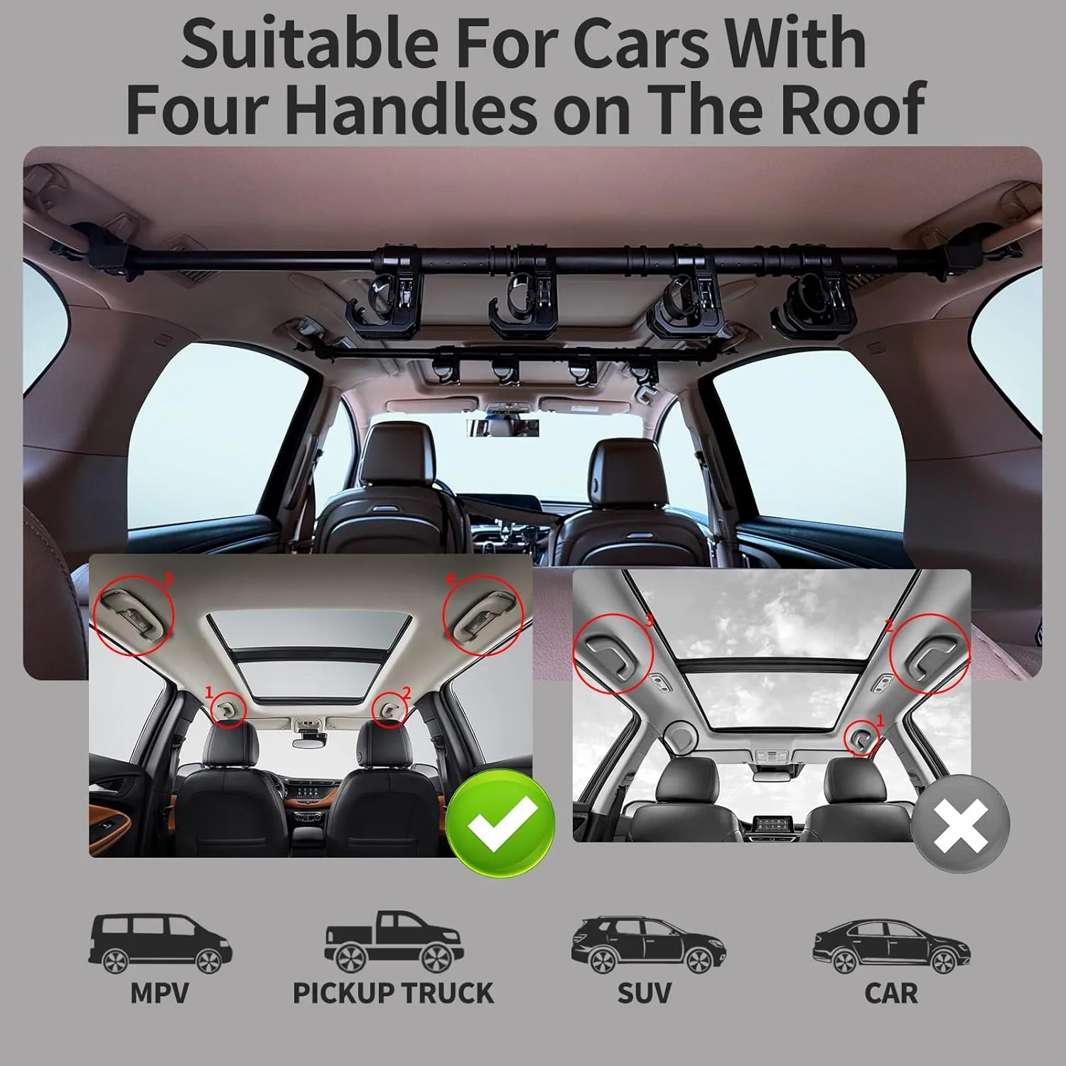 Car Fishing 4 Rod Holder Adjustable 35 to 57 Inch, Heavy Duty Vehicle Fishing Pole Rack for SUV, Wagons, Van