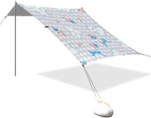 Cartoon Cute White Dog Plaid Designed UPF50 Stable Beach Tent Lightweight Large Sun Shade with Sandbags & Sand Shovel for Camping Trips, Fishing, Backyard Fun or Picnics sombrillas para Playa