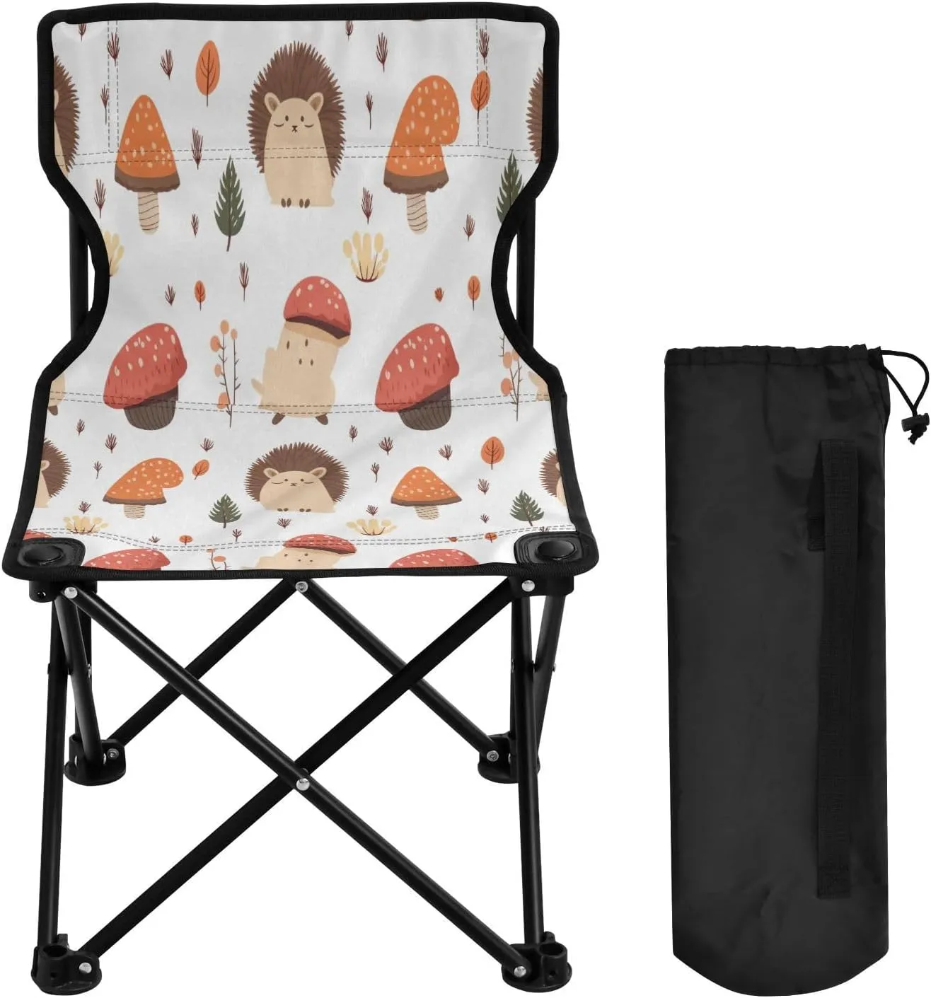Cartoon Mushroom Hedgehog Portable Outdoor Folding Chair Anti-Slip Padded Oxford Cloth Stool Camping Chair Small for Beach Hiking Fishing Gardening Quad Camp Chair