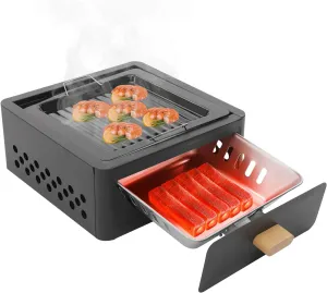 Charcoal Tabletop Barbecue Stove, Charcoal BBQ Grill Tabletop with Handle & Pull-out Grill, Outdoor Stainless Steel Barbecue Grill for Camping Picnics Beach Cooking (Black)
