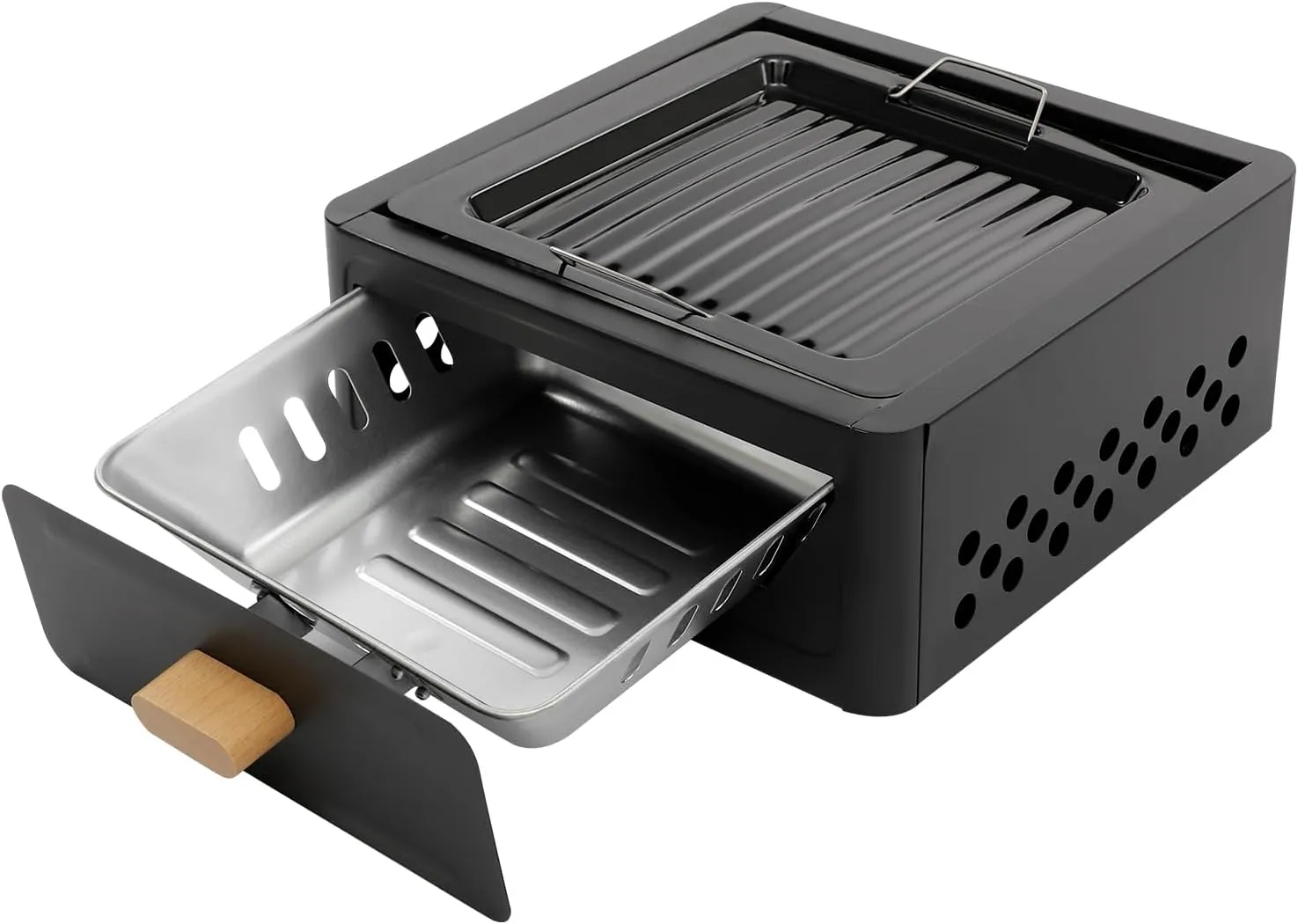 Charcoal Tabletop Barbecue Stove, Charcoal BBQ Grill Tabletop with Handle & Pull-out Grill, Outdoor Stainless Steel Barbecue Grill for Camping Picnics Beach Cooking (Black)