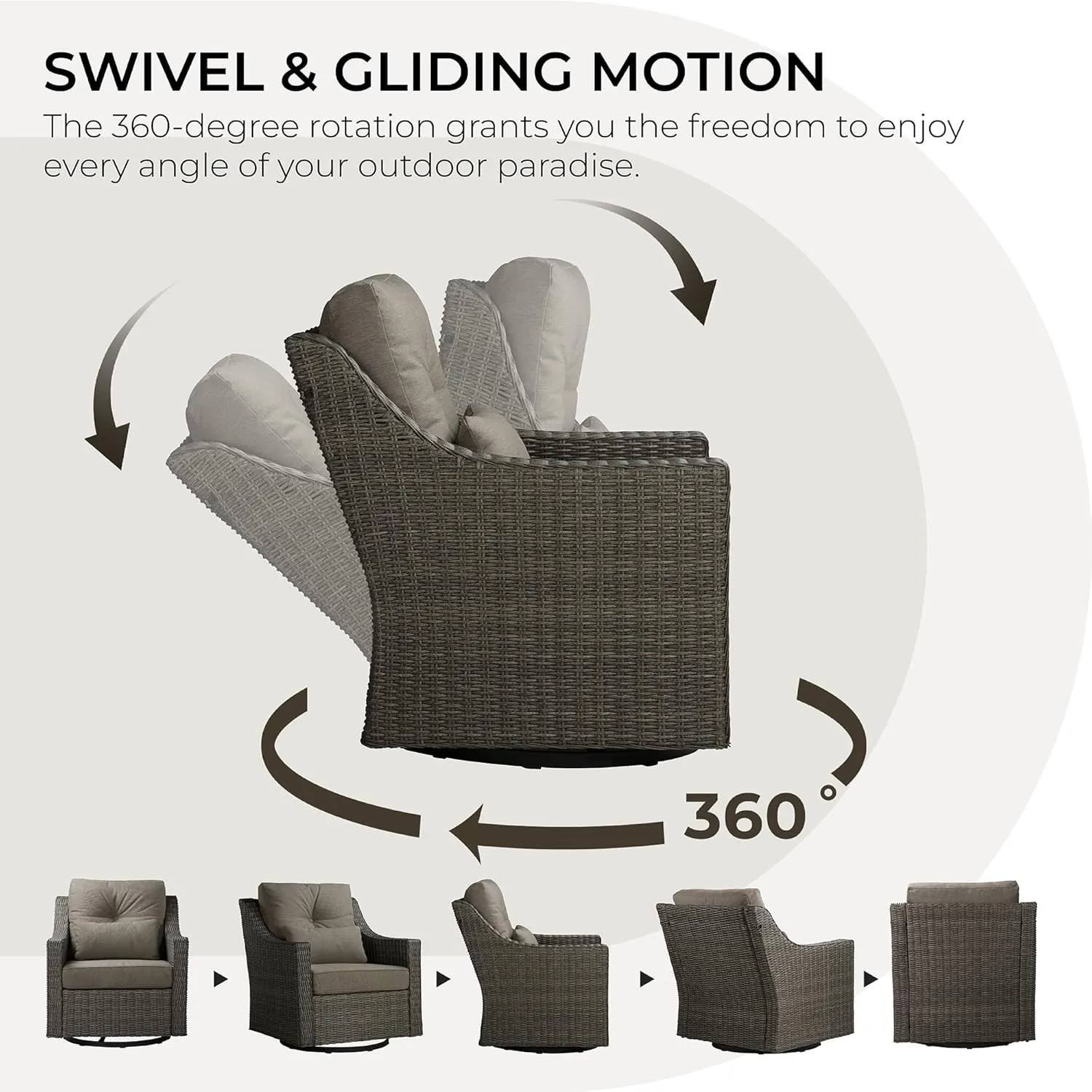 CHITA 5 Pieces Swivel Wicker Patio Furniture Set, Outdoor Conversation Set with 2 Pieces Rattan Rocking Swivel Chairs, 2 Pieces Ottomans, Thickened Cushions and Side Table