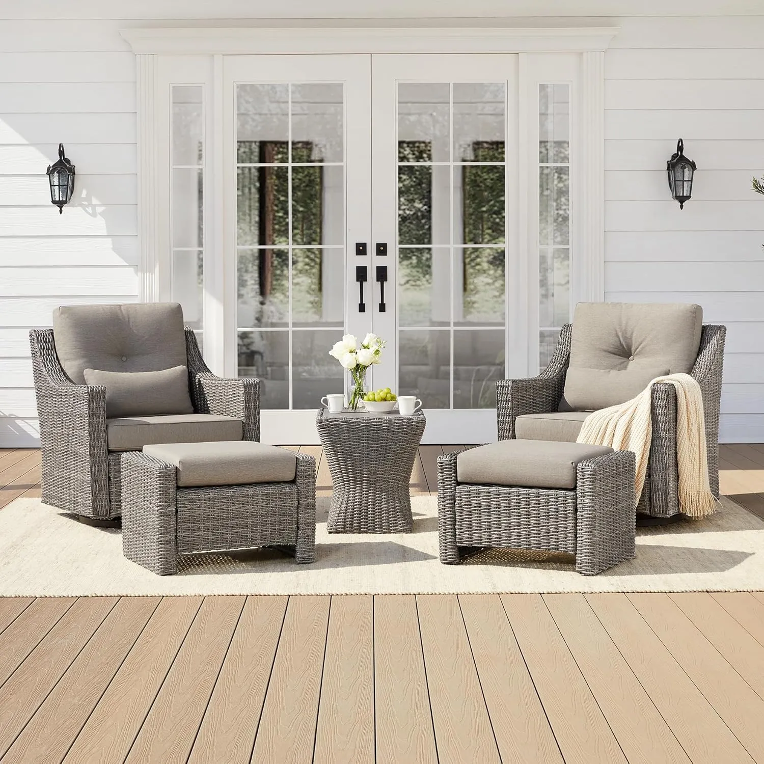 CHITA 5 Pieces Swivel Wicker Patio Furniture Set, Outdoor Conversation Set with 2 Pieces Rattan Rocking Swivel Chairs, 2 Pieces Ottomans, Thickened Cushions and Side Table