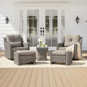 CHITA 5 Pieces Swivel Wicker Patio Furniture Set, Outdoor Conversation Set with 2 Pieces Rattan Rocking Swivel Chairs, 2 Pieces Ottomans, Thickened Cushions and Side Table