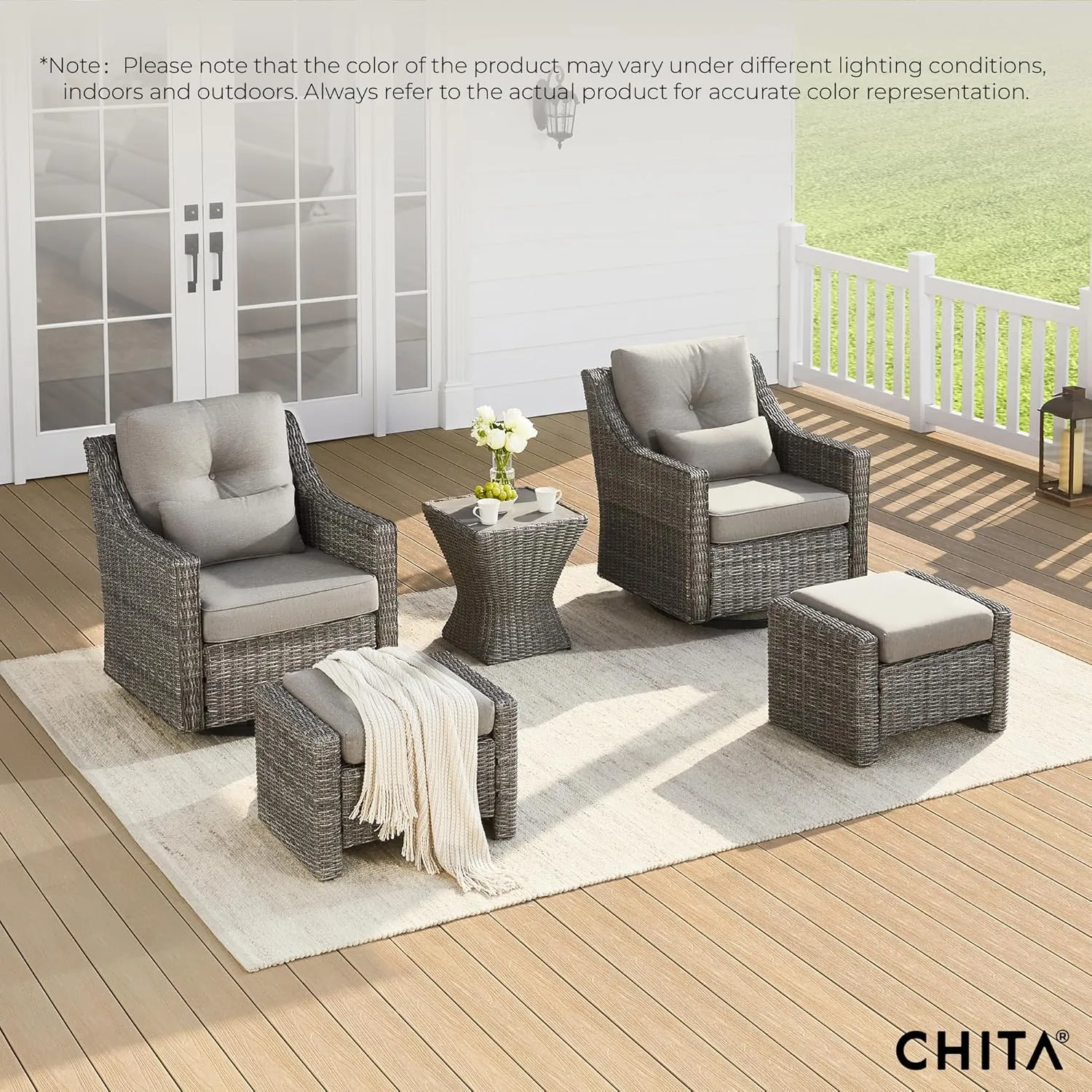 CHITA 5 Pieces Swivel Wicker Patio Furniture Set, Outdoor Conversation Set with 2 Pieces Rattan Rocking Swivel Chairs, 2 Pieces Ottomans, Thickened Cushions and Side Table
