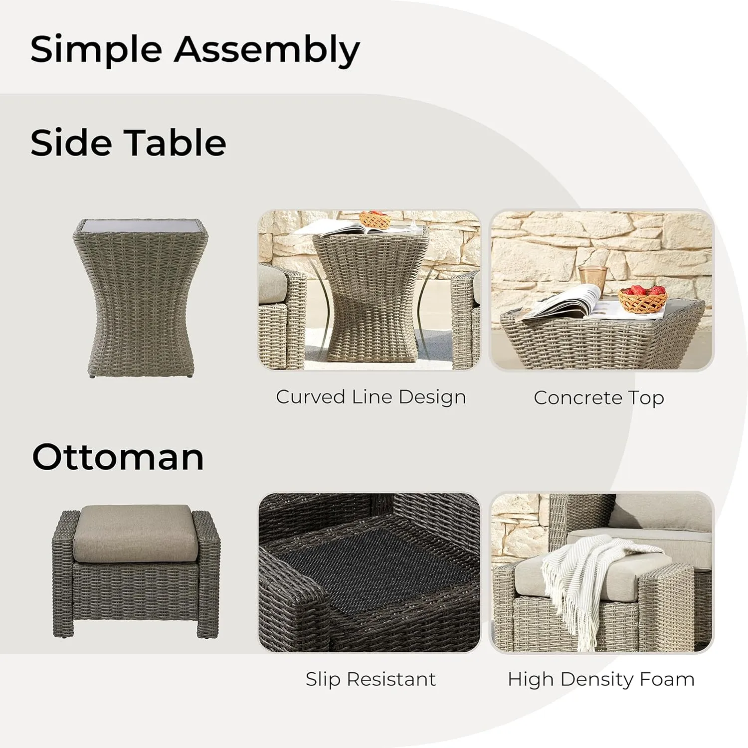 CHITA 5 Pieces Swivel Wicker Patio Furniture Set, Outdoor Conversation Set with 2 Pieces Rattan Rocking Swivel Chairs, 2 Pieces Ottomans, Thickened Cushions and Side Table