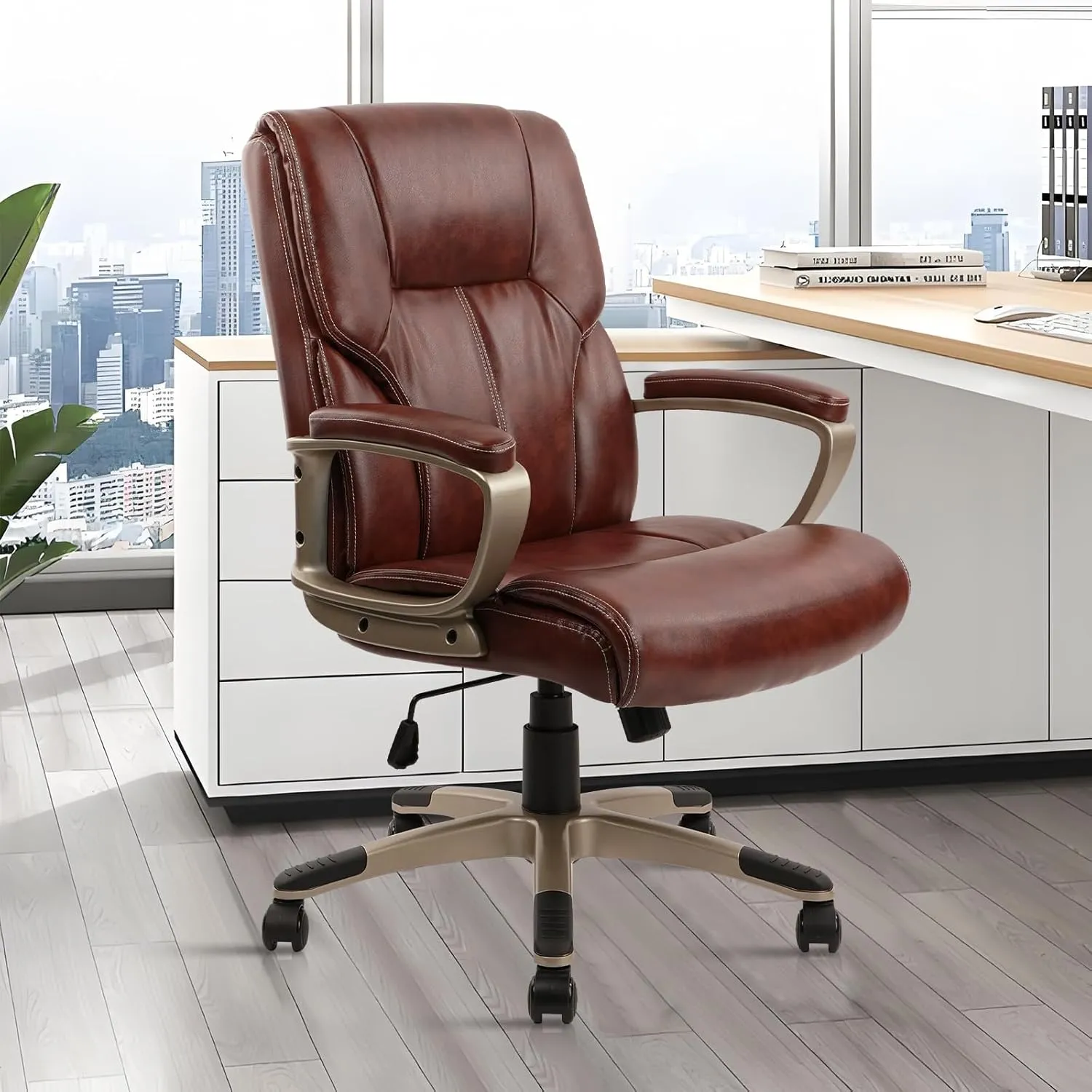 CLATINA Executive Office Chair with High Back, Brown PU Leather Chairs with Wheels and Arms, Managerial Chairs with Soft Padded Armrest Lumbar Support, Swivel Rolling Computer Desk Chair 400 LBS
