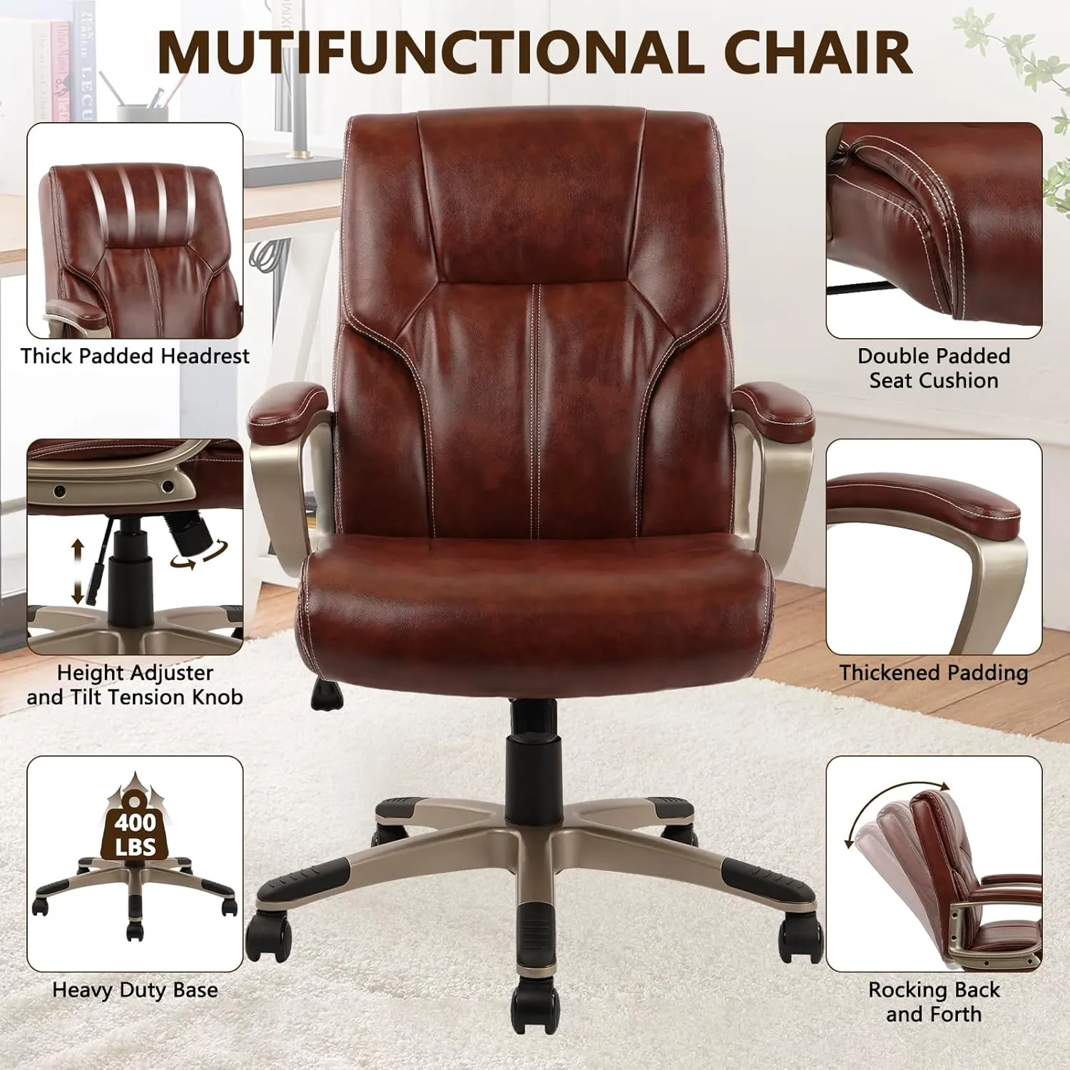 CLATINA Executive Office Chair with High Back, Brown PU Leather Chairs with Wheels and Arms, Managerial Chairs with Soft Padded Armrest Lumbar Support, Swivel Rolling Computer Desk Chair 400 LBS