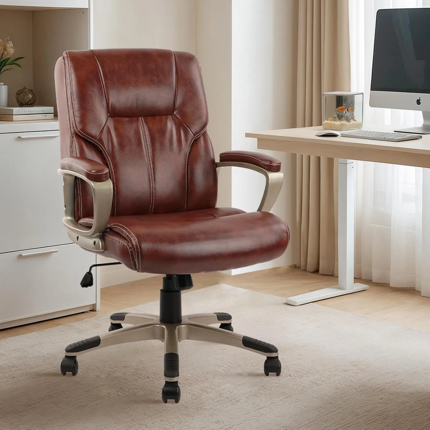 CLATINA Executive Office Chair with High Back, Brown PU Leather Chairs with Wheels and Arms, Managerial Chairs with Soft Padded Armrest Lumbar Support, Swivel Rolling Computer Desk Chair 400 LBS