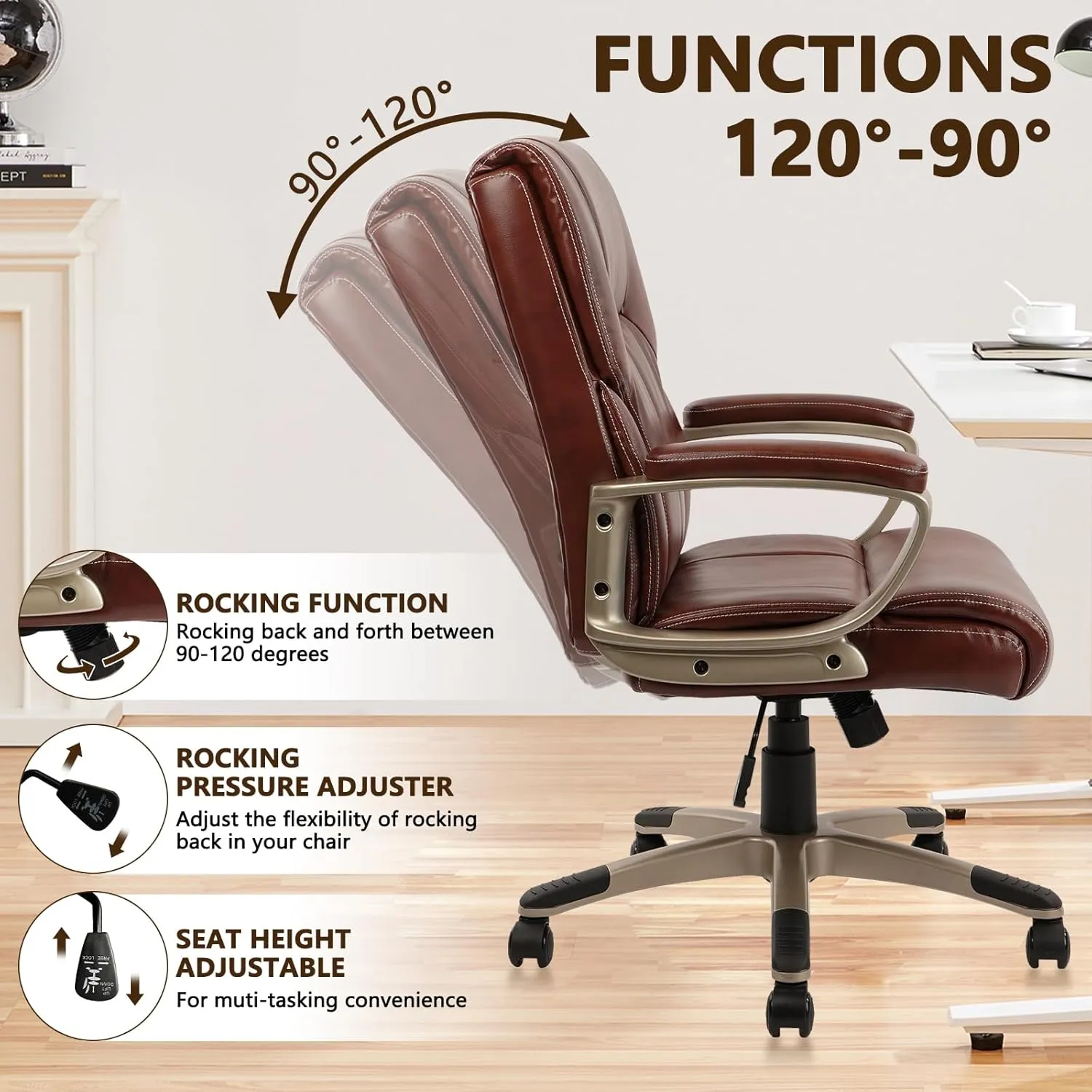 CLATINA Executive Office Chair with High Back, Brown PU Leather Chairs with Wheels and Arms, Managerial Chairs with Soft Padded Armrest Lumbar Support, Swivel Rolling Computer Desk Chair 400 LBS