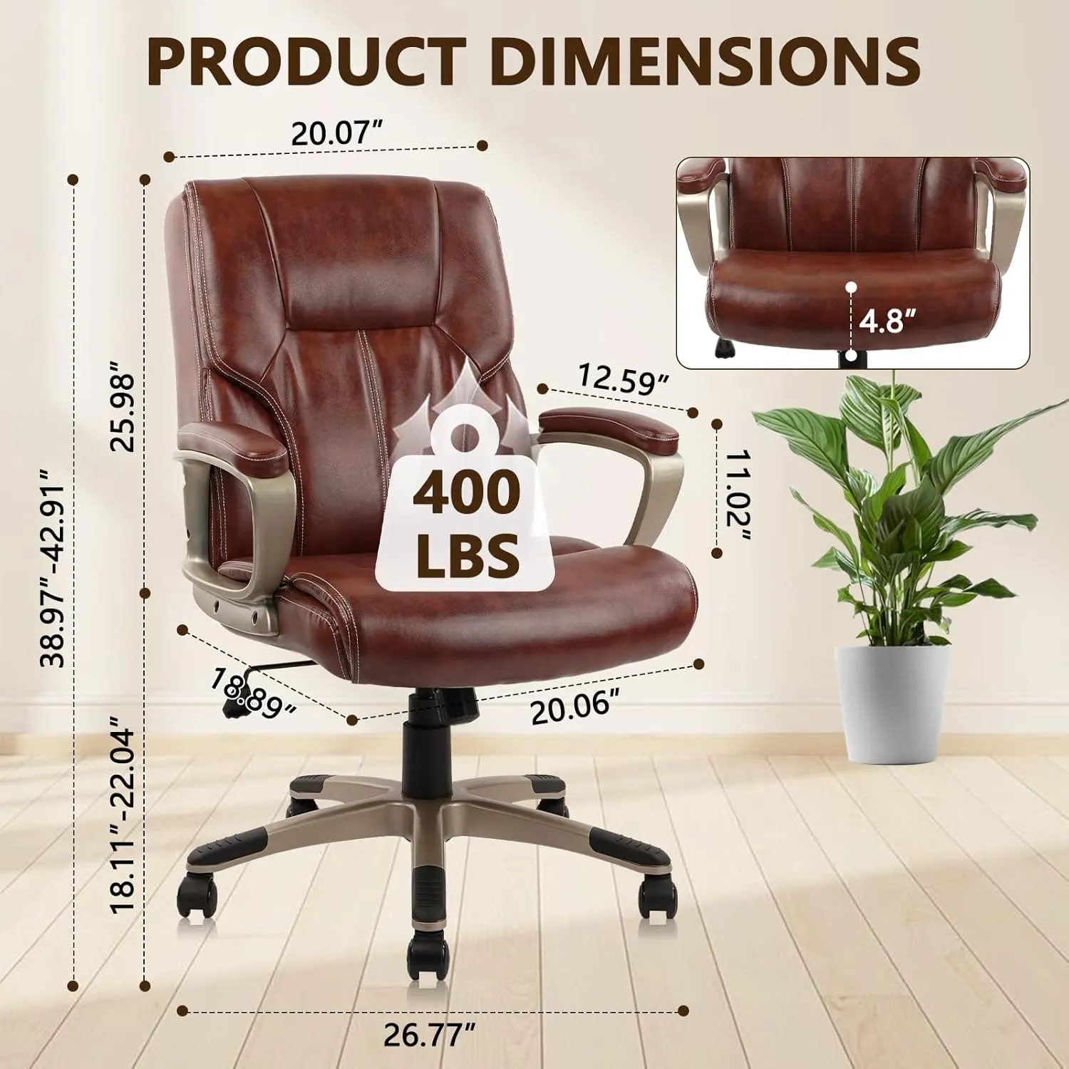 CLATINA Executive Office Chair with High Back, Brown PU Leather Chairs with Wheels and Arms, Managerial Chairs with Soft Padded Armrest Lumbar Support, Swivel Rolling Computer Desk Chair 400 LBS
