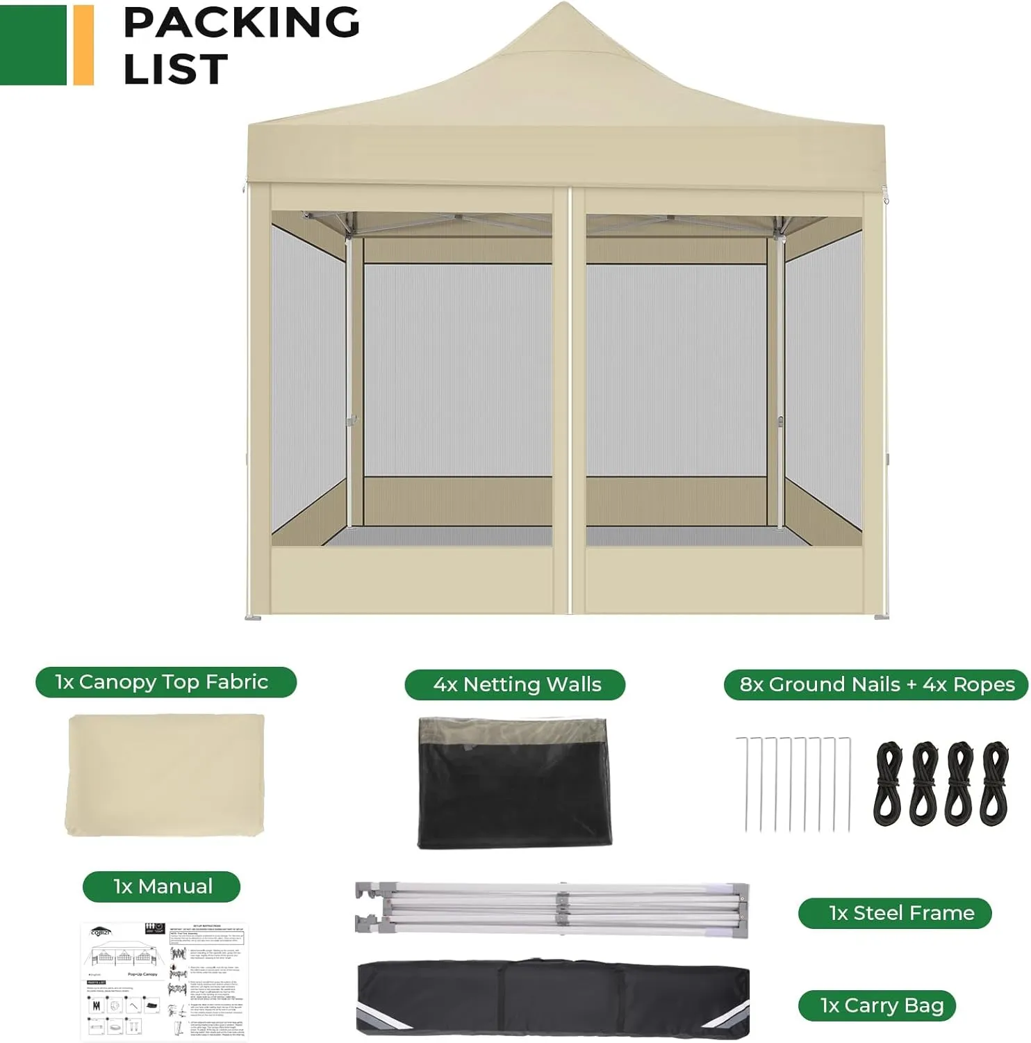 COBIZI 10x10 Heavy Duty Pop Up Canopy Tent with 4 Sidewalls, Commercial Gazebo Party Tent with Mosquito Netting Wall Easy Set Up Outdoor Instant Screen Tent for Backyard, Patio, Garden, Khaki