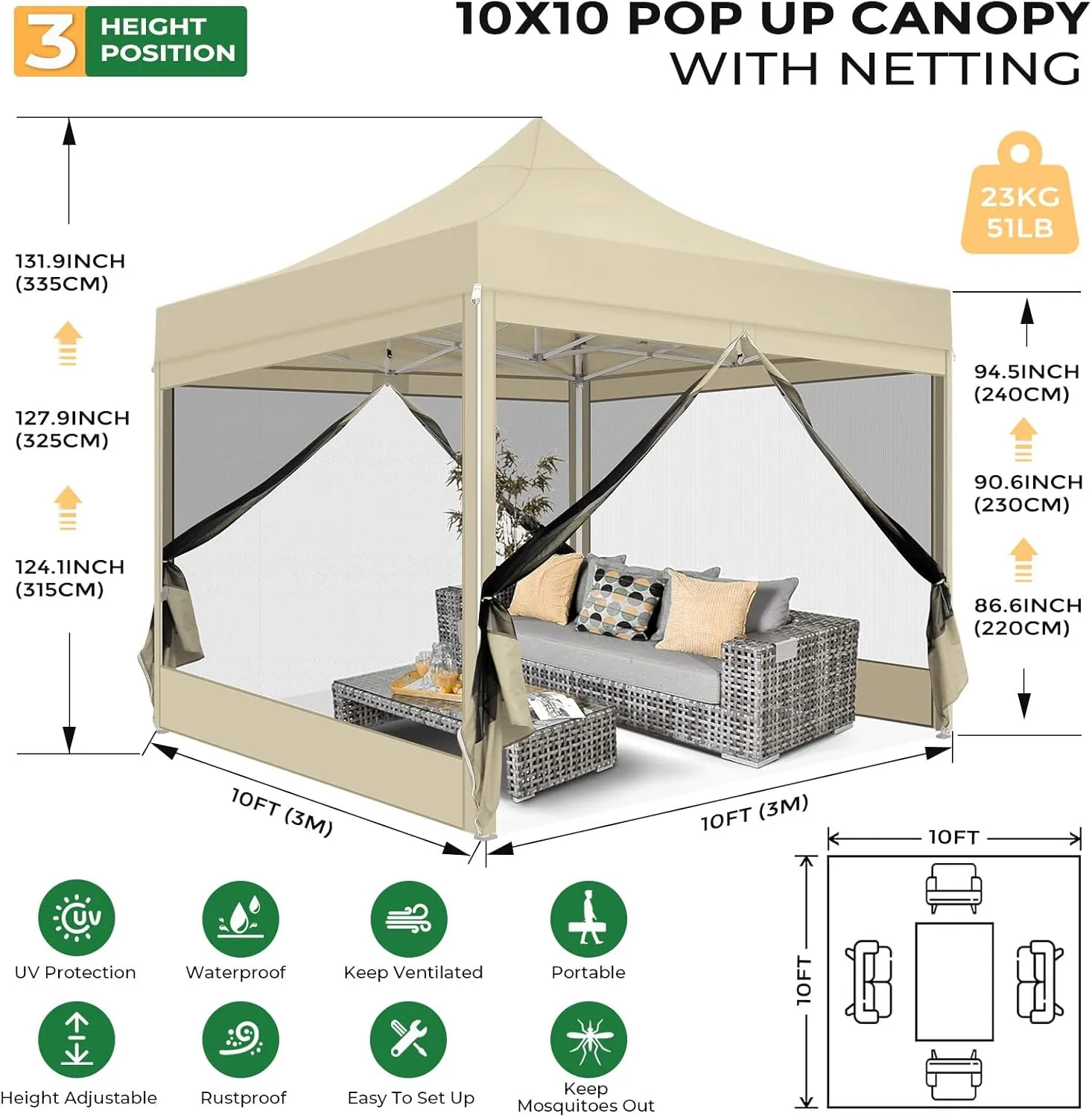 COBIZI 10x10 Heavy Duty Pop Up Canopy Tent with 4 Sidewalls, Commercial Gazebo Party Tent with Mosquito Netting Wall Easy Set Up Outdoor Instant Screen Tent for Backyard, Patio, Garden, Khaki