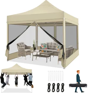 COBIZI 10x10 Heavy Duty Pop Up Canopy Tent with 4 Sidewalls, Commercial Gazebo Party Tent with Mosquito Netting Wall Easy Set Up Outdoor Instant Screen Tent for Backyard, Patio, Garden, Khaki