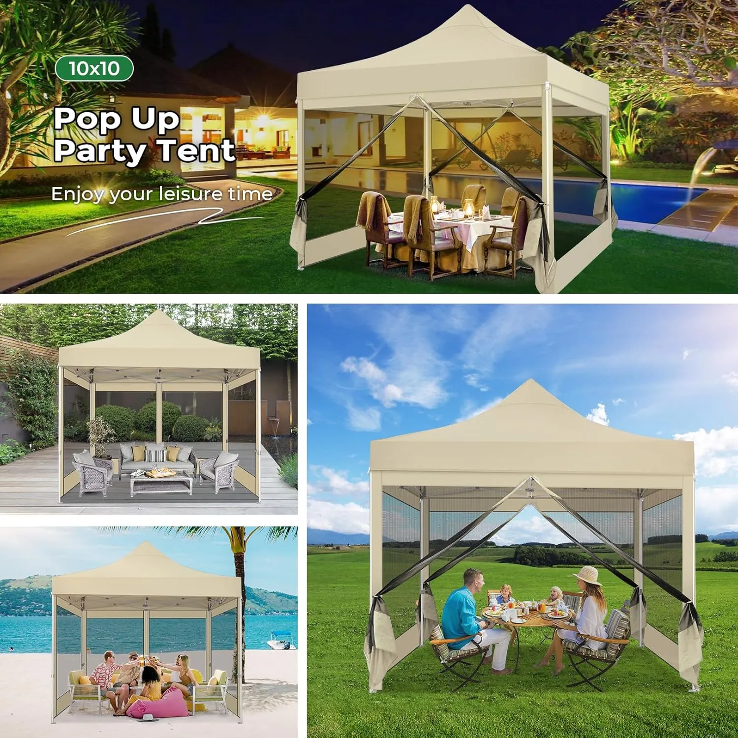 COBIZI 10x10 Heavy Duty Pop Up Canopy Tent with 4 Sidewalls, Commercial Gazebo Party Tent with Mosquito Netting Wall Easy Set Up Outdoor Instant Screen Tent for Backyard, Patio, Garden, Khaki