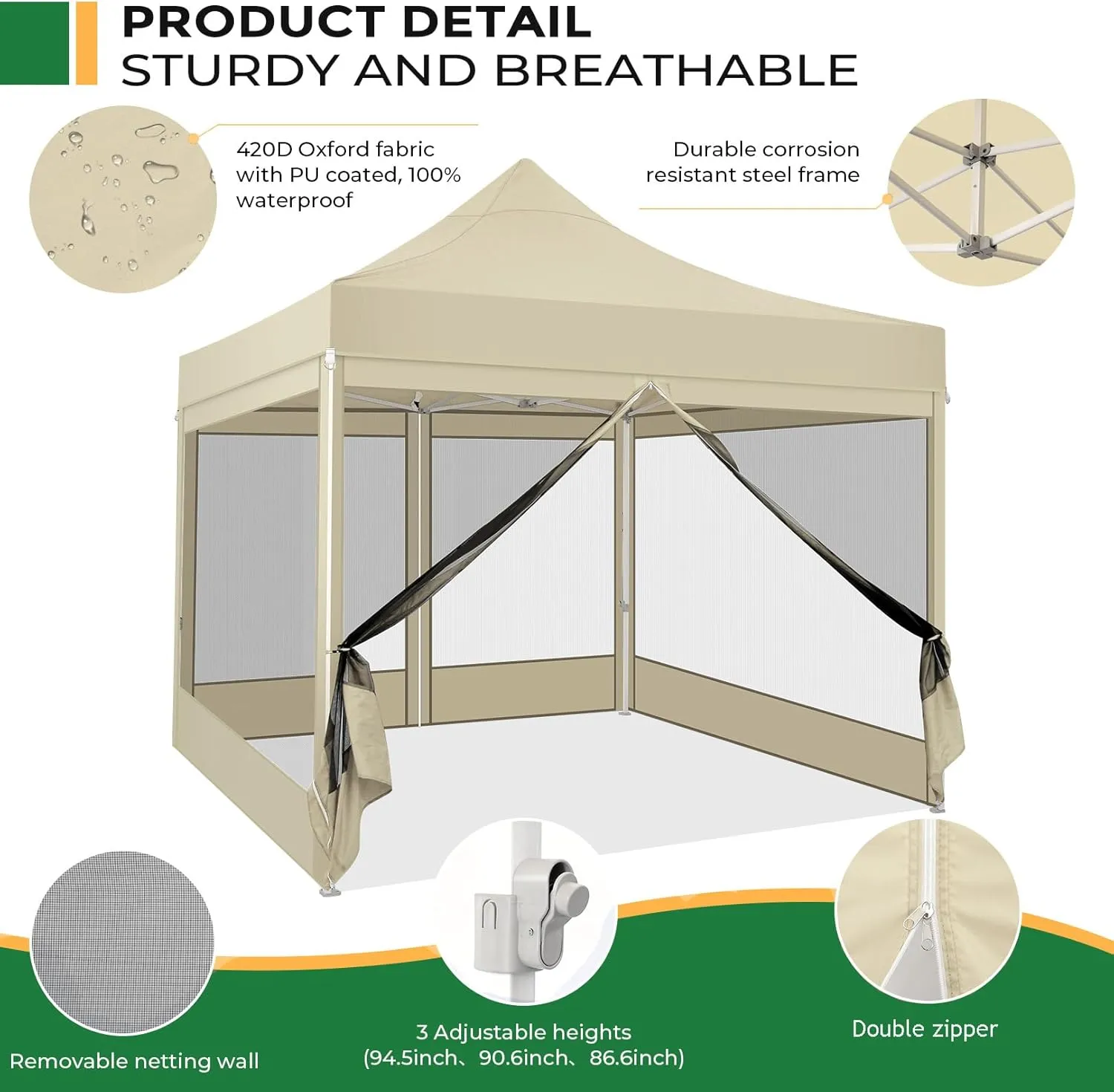 COBIZI 10x10 Heavy Duty Pop Up Canopy Tent with 4 Sidewalls, Commercial Gazebo Party Tent with Mosquito Netting Wall Easy Set Up Outdoor Instant Screen Tent for Backyard, Patio, Garden, Khaki
