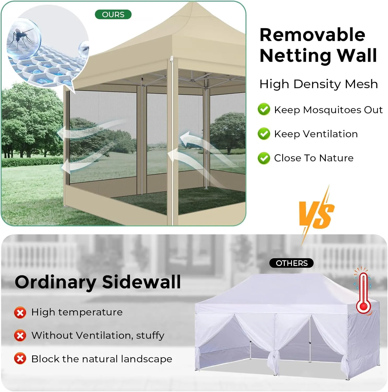 COBIZI 10x10 Heavy Duty Pop Up Canopy Tent with 4 Sidewalls, Commercial Gazebo Party Tent with Mosquito Netting Wall Easy Set Up Outdoor Instant Screen Tent for Backyard, Patio, Garden, Khaki