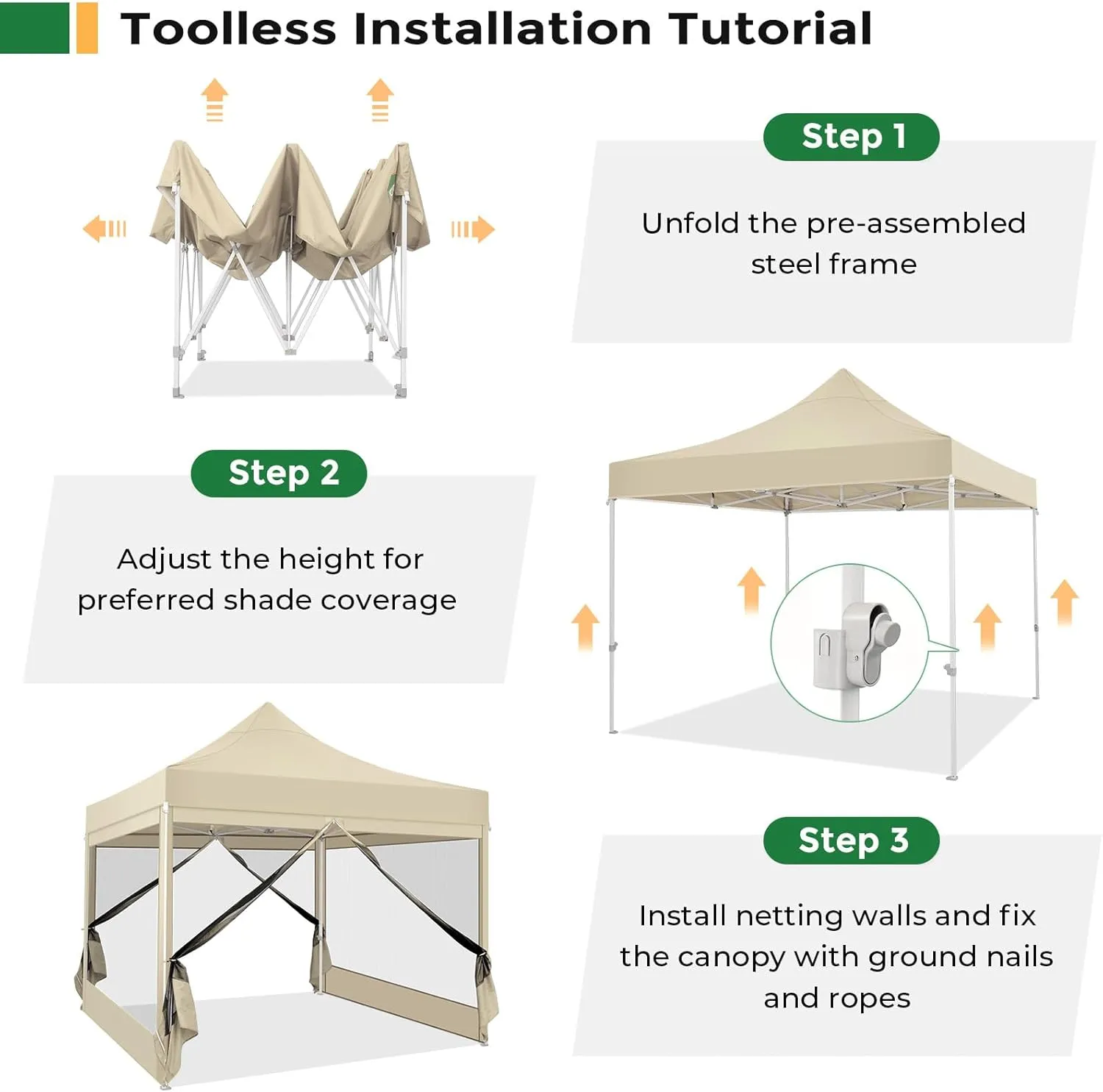 COBIZI 10x10 Heavy Duty Pop Up Canopy Tent with 4 Sidewalls, Commercial Gazebo Party Tent with Mosquito Netting Wall Easy Set Up Outdoor Instant Screen Tent for Backyard, Patio, Garden, Khaki