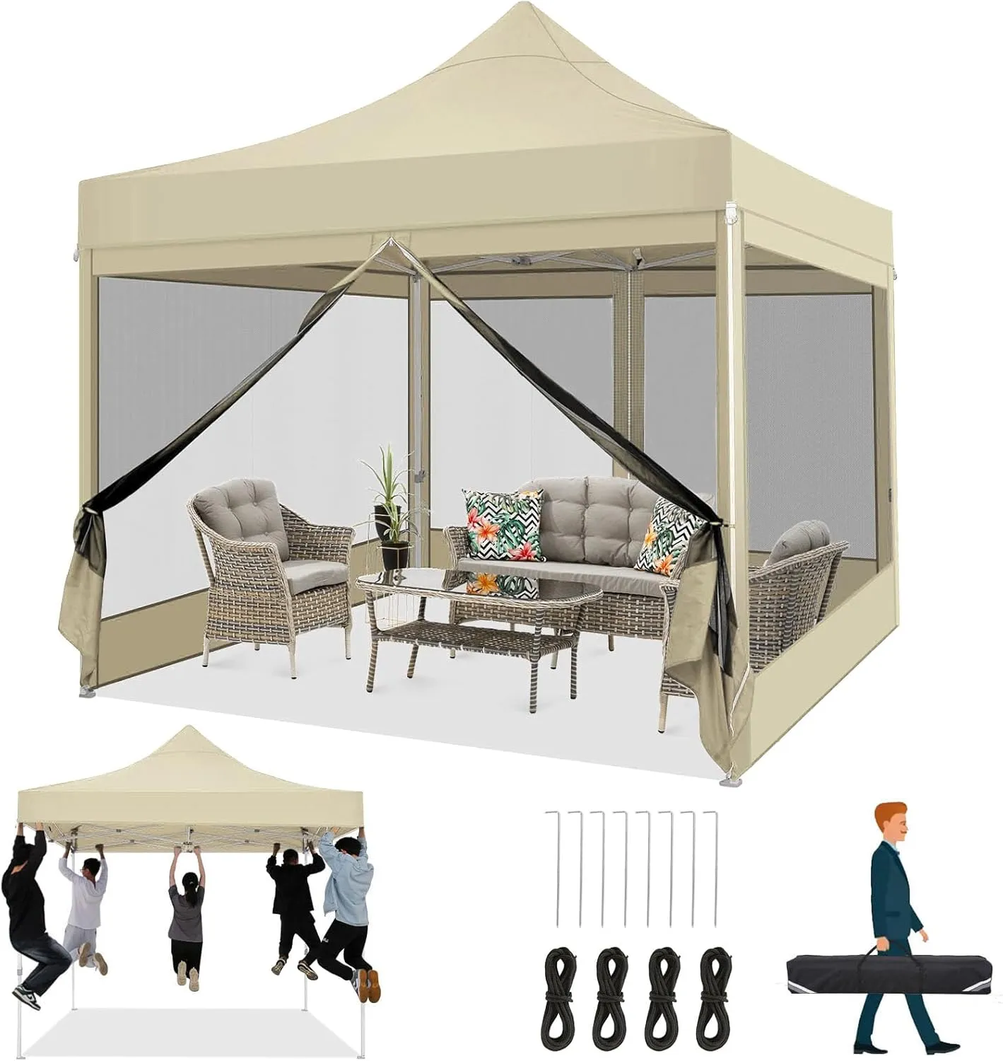 COBIZI 10x10 Heavy Duty Pop Up Canopy Tent with 4 Sidewalls, Commercial Gazebo Party Tent with Mosquito Netting Wall Easy Set Up Outdoor Instant Screen Tent for Backyard, Patio, Garden, Khaki