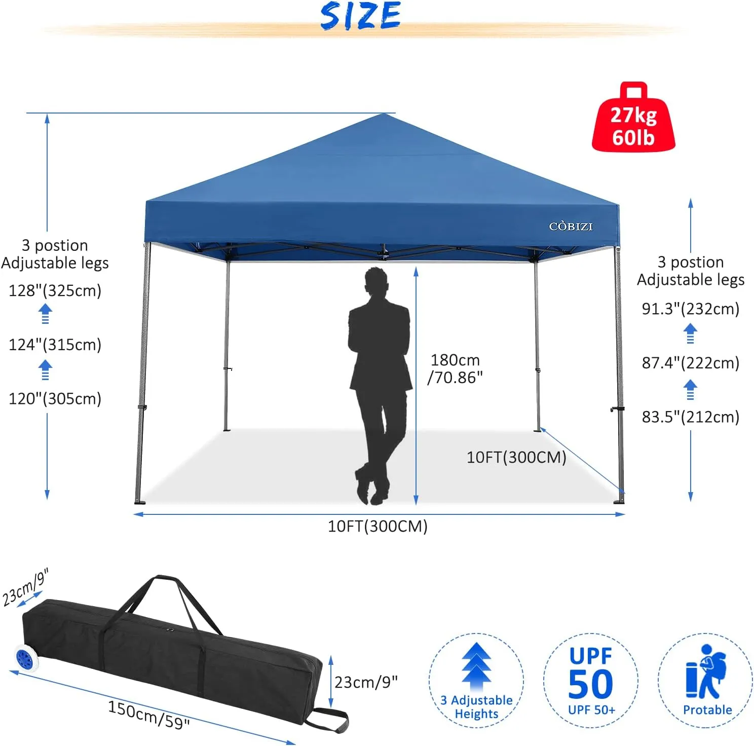 COBIZI 10x10 Pop up Canopy Tent Heavy Duty with 4 Sidewalls, Easy Set-up Commercial Outdoor Party Tent, 100% Waterproof Wedding Tent Gazebo, 3 Height Adjustable with Wheeled Bag,Blue