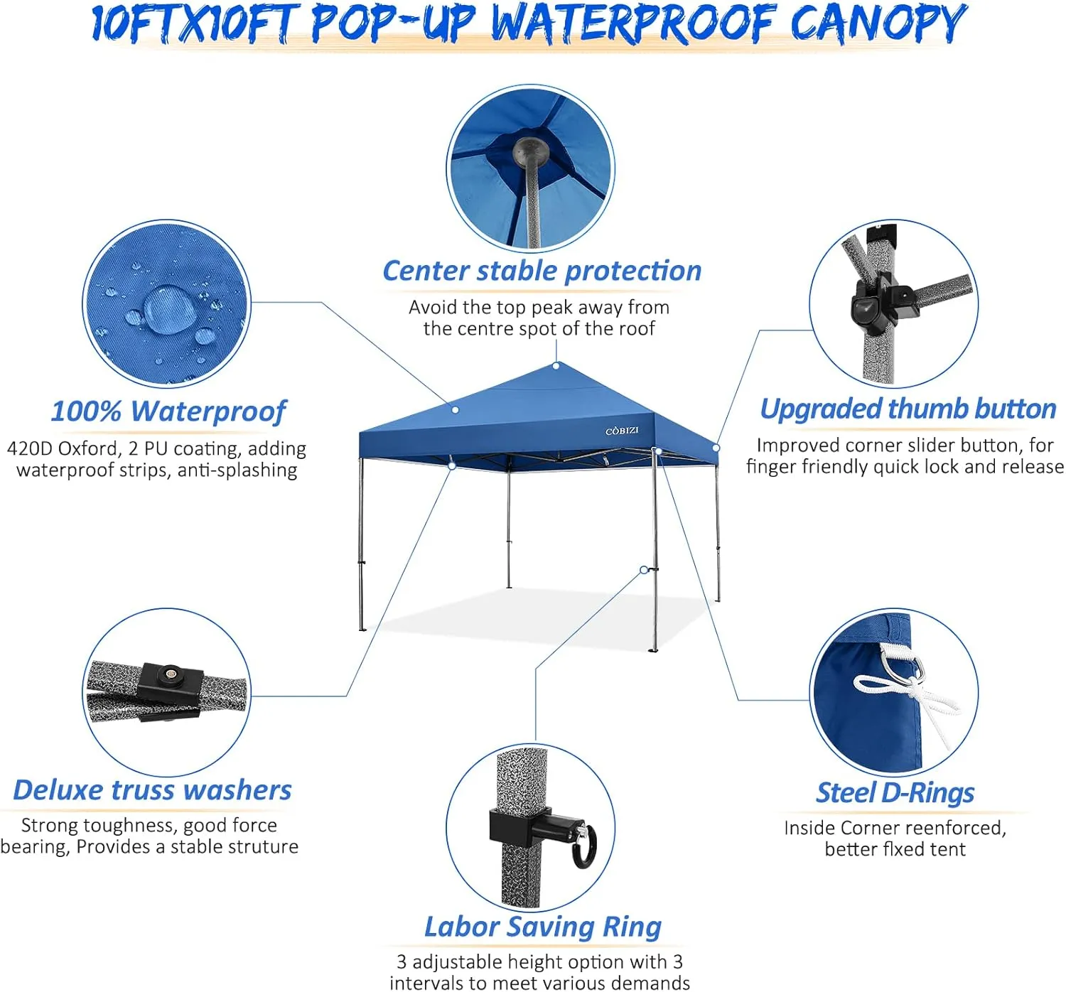 COBIZI 10x10 Pop up Canopy Tent Heavy Duty with 4 Sidewalls, Easy Set-up Commercial Outdoor Party Tent, 100% Waterproof Wedding Tent Gazebo, 3 Height Adjustable with Wheeled Bag,Blue