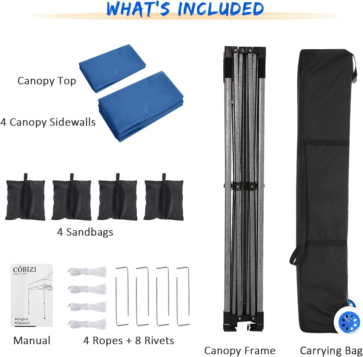 COBIZI 10x10 Pop up Canopy Tent Heavy Duty with 4 Sidewalls, Easy Set-up Commercial Outdoor Party Tent, 100% Waterproof Wedding Tent Gazebo, 3 Height Adjustable with Wheeled Bag,Blue