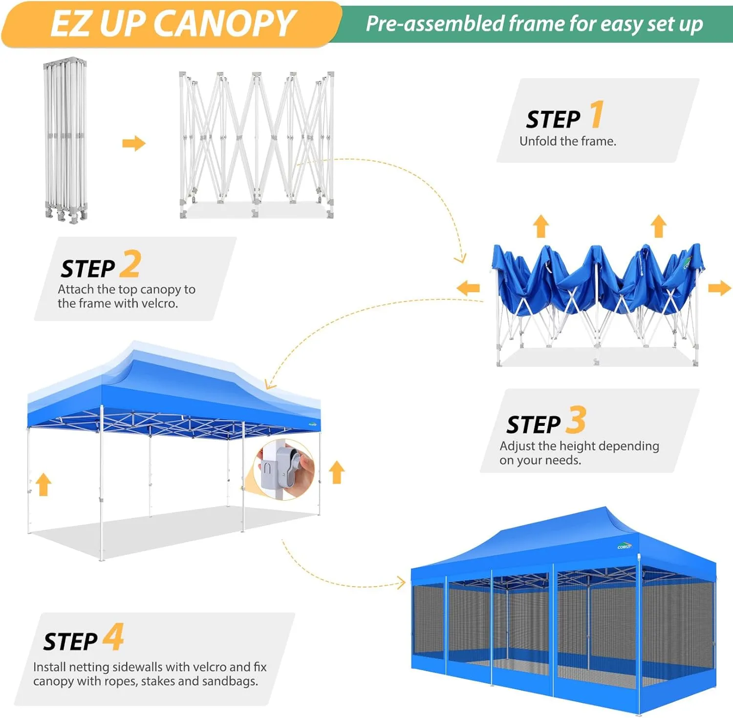 COBIZI 10x20 Canopy Tent with 6 Sidewalls,Heavy Duty Pop up Canopy with Mosquito Netting,Easy up Screen Tent for Parties Wedding Outdoor Patio with Roller Bag,Blue