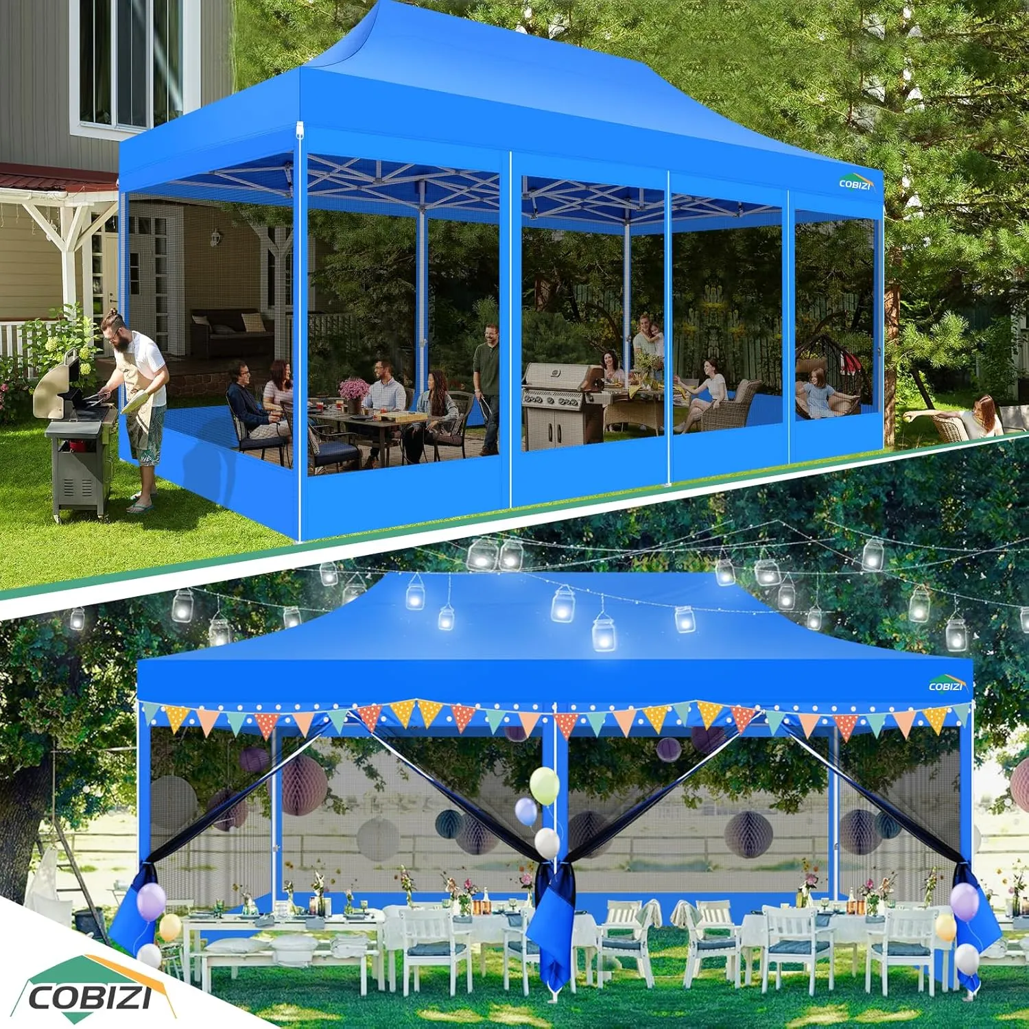 COBIZI 10x20 Canopy Tent with 6 Sidewalls,Heavy Duty Pop up Canopy with Mosquito Netting,Easy up Screen Tent for Parties Wedding Outdoor Patio with Roller Bag,Blue