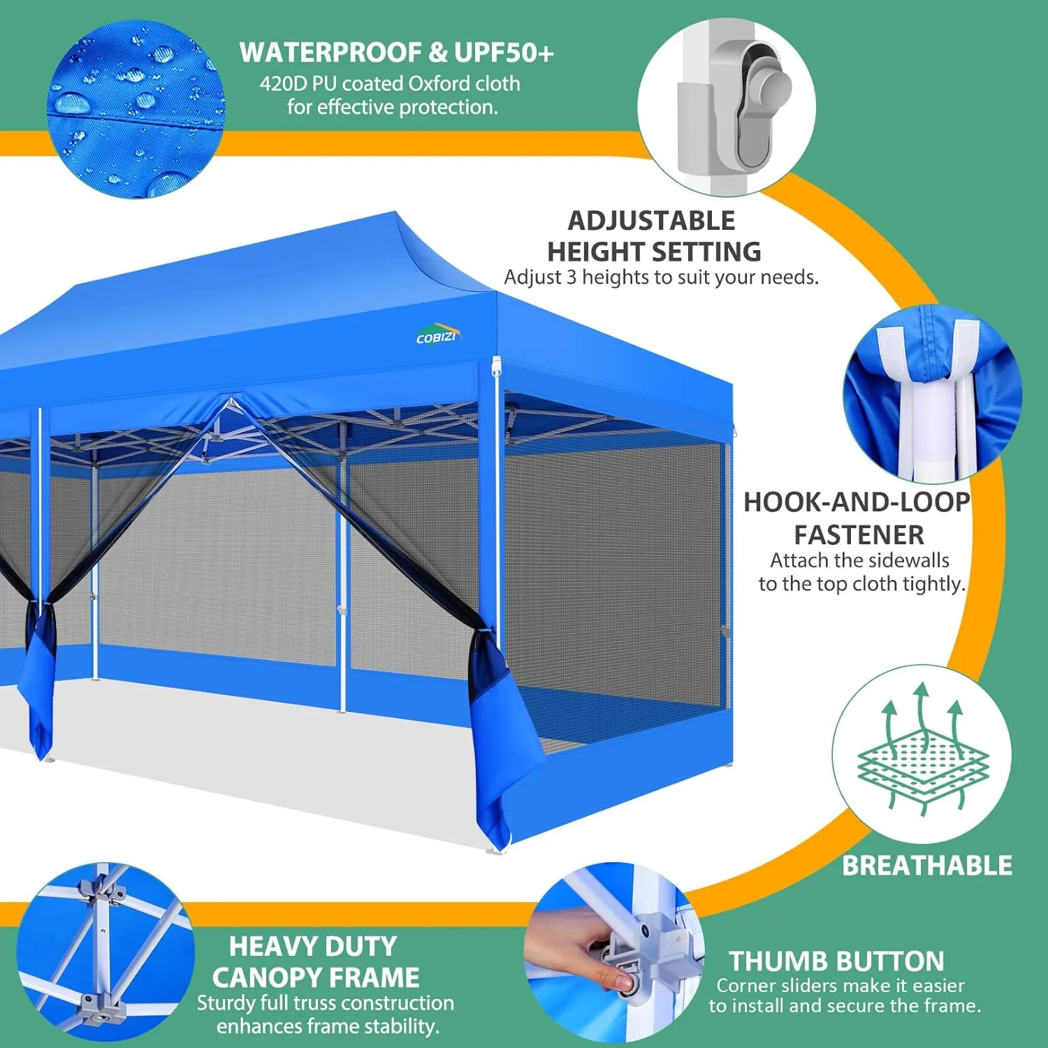 COBIZI 10x20 Canopy Tent with 6 Sidewalls,Heavy Duty Pop up Canopy with Mosquito Netting,Easy up Screen Tent for Parties Wedding Outdoor Patio with Roller Bag,Blue