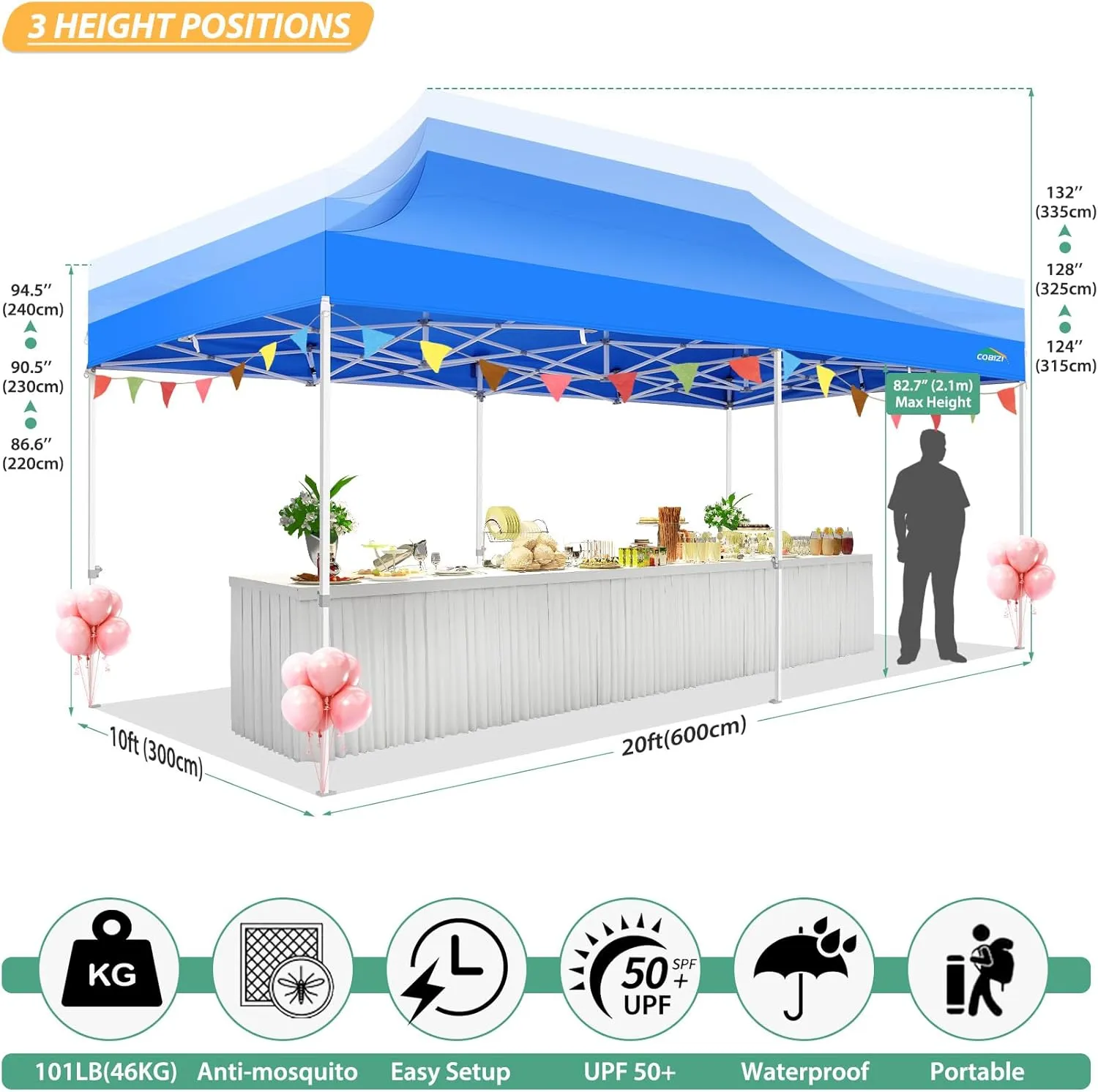 COBIZI 10x20 Canopy Tent with 6 Sidewalls,Heavy Duty Pop up Canopy with Mosquito Netting,Easy up Screen Tent for Parties Wedding Outdoor Patio with Roller Bag,Blue