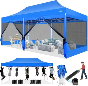 COBIZI 10x20 Canopy Tent with 6 Sidewalls,Heavy Duty Pop up Canopy with Mosquito Netting,Easy up Screen Tent for Parties Wedding Outdoor Patio with Roller Bag,Blue
