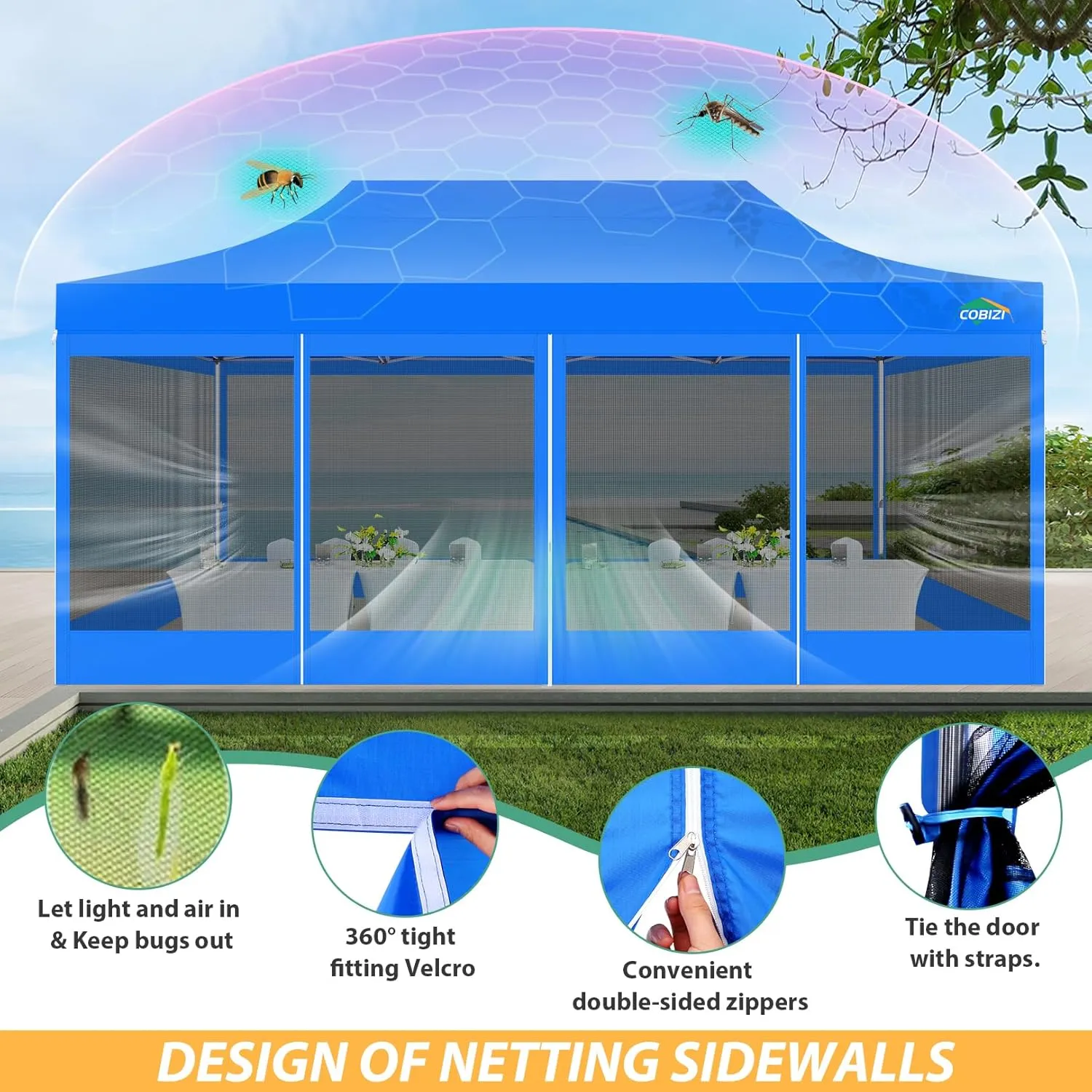 COBIZI 10x20 Canopy Tent with 6 Sidewalls,Heavy Duty Pop up Canopy with Mosquito Netting,Easy up Screen Tent for Parties Wedding Outdoor Patio with Roller Bag,Blue