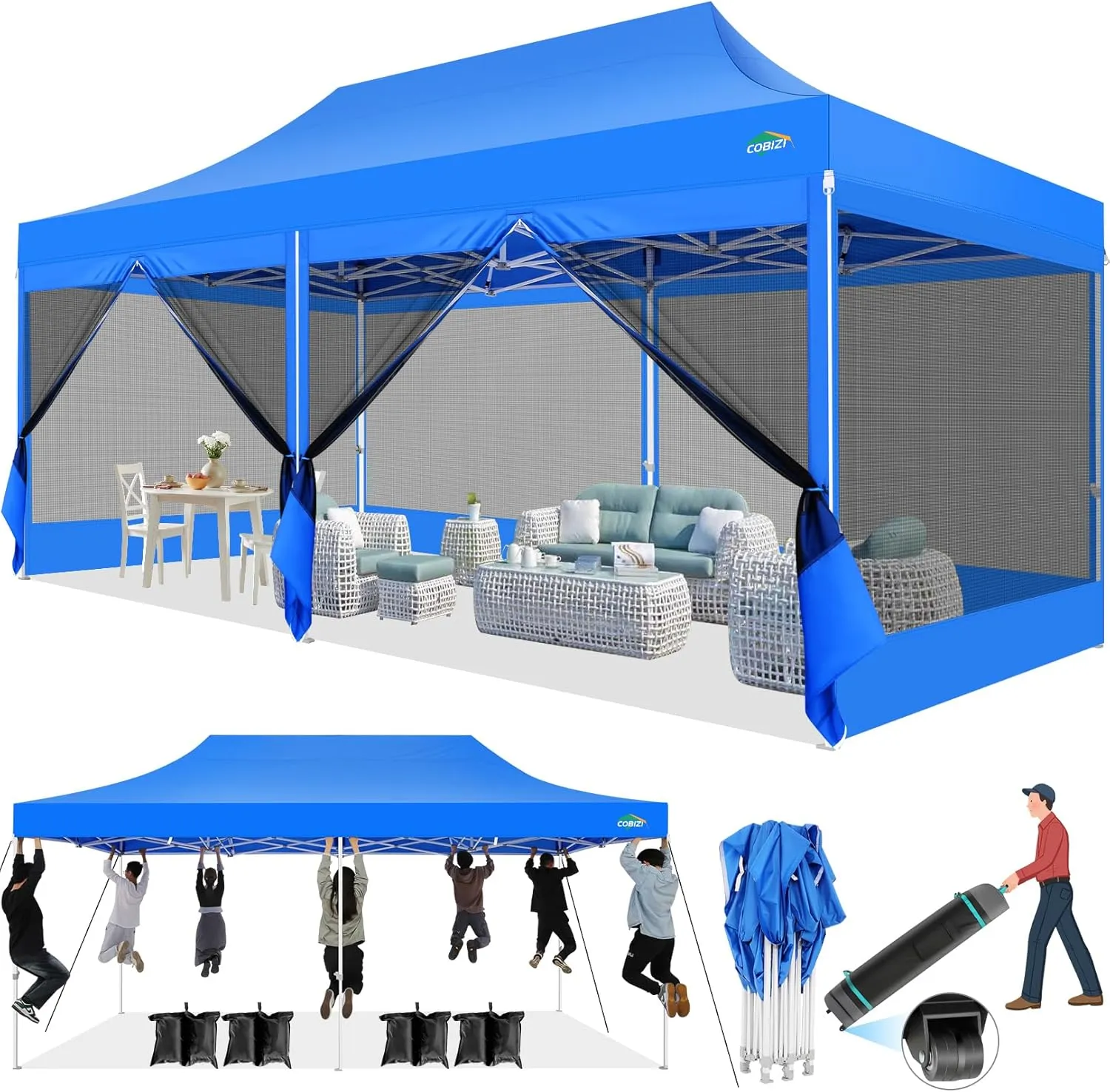 COBIZI 10x20 Canopy Tent with 6 Sidewalls,Heavy Duty Pop up Canopy with Mosquito Netting,Easy up Screen Tent for Parties Wedding Outdoor Patio with Roller Bag,Blue