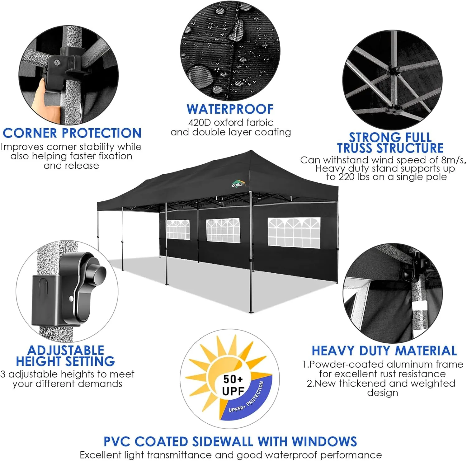 COBIZI 10x30 Pop up Canopy Tent 10x30 Canopy with Sidewalls, Heavy Duty Party Tent Tents for Parties, Foldable UPF 50  Waterproof Commercial Easy up Canopy with Roller Bag, Black(Windproof Upgraded)