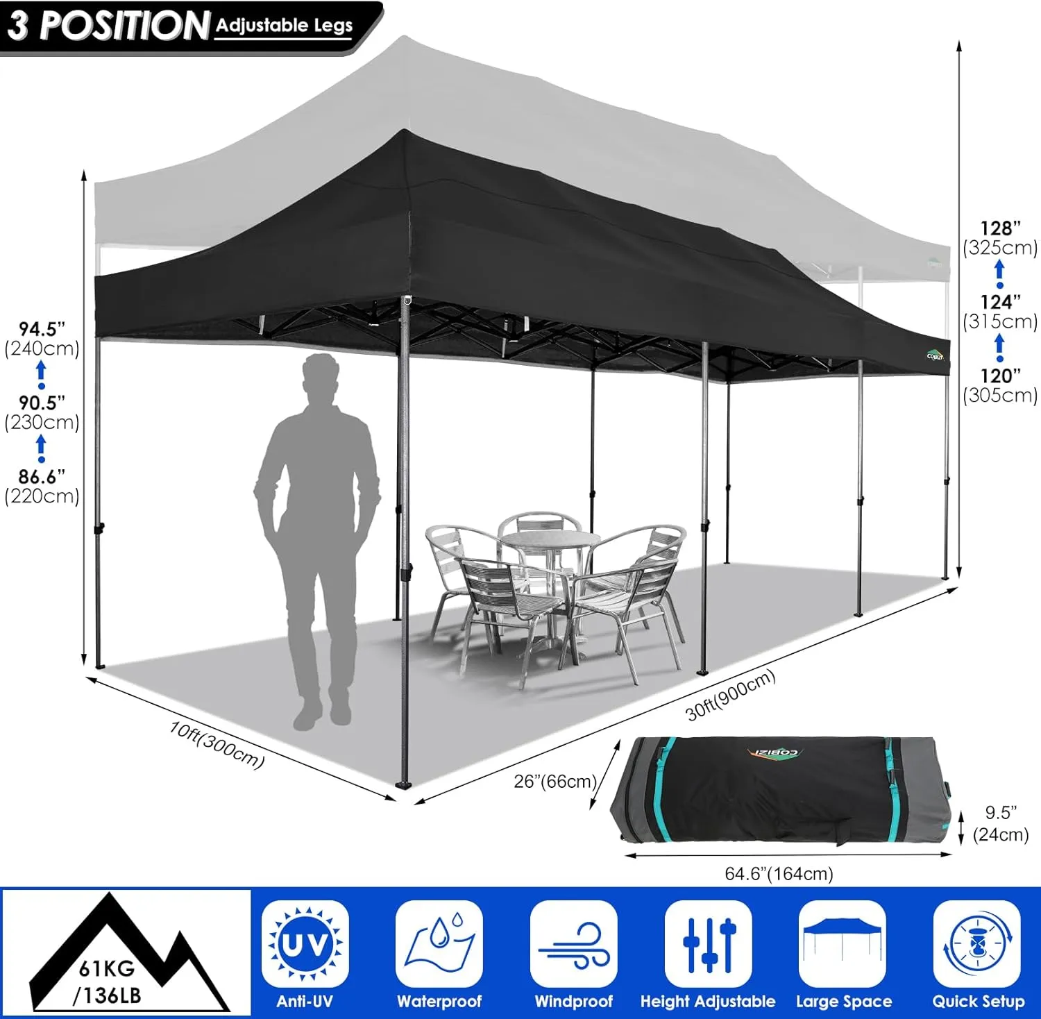 COBIZI 10x30 Pop up Canopy Tent 10x30 Canopy with Sidewalls, Heavy Duty Party Tent Tents for Parties, Foldable UPF 50  Waterproof Commercial Easy up Canopy with Roller Bag, Black(Windproof Upgraded)
